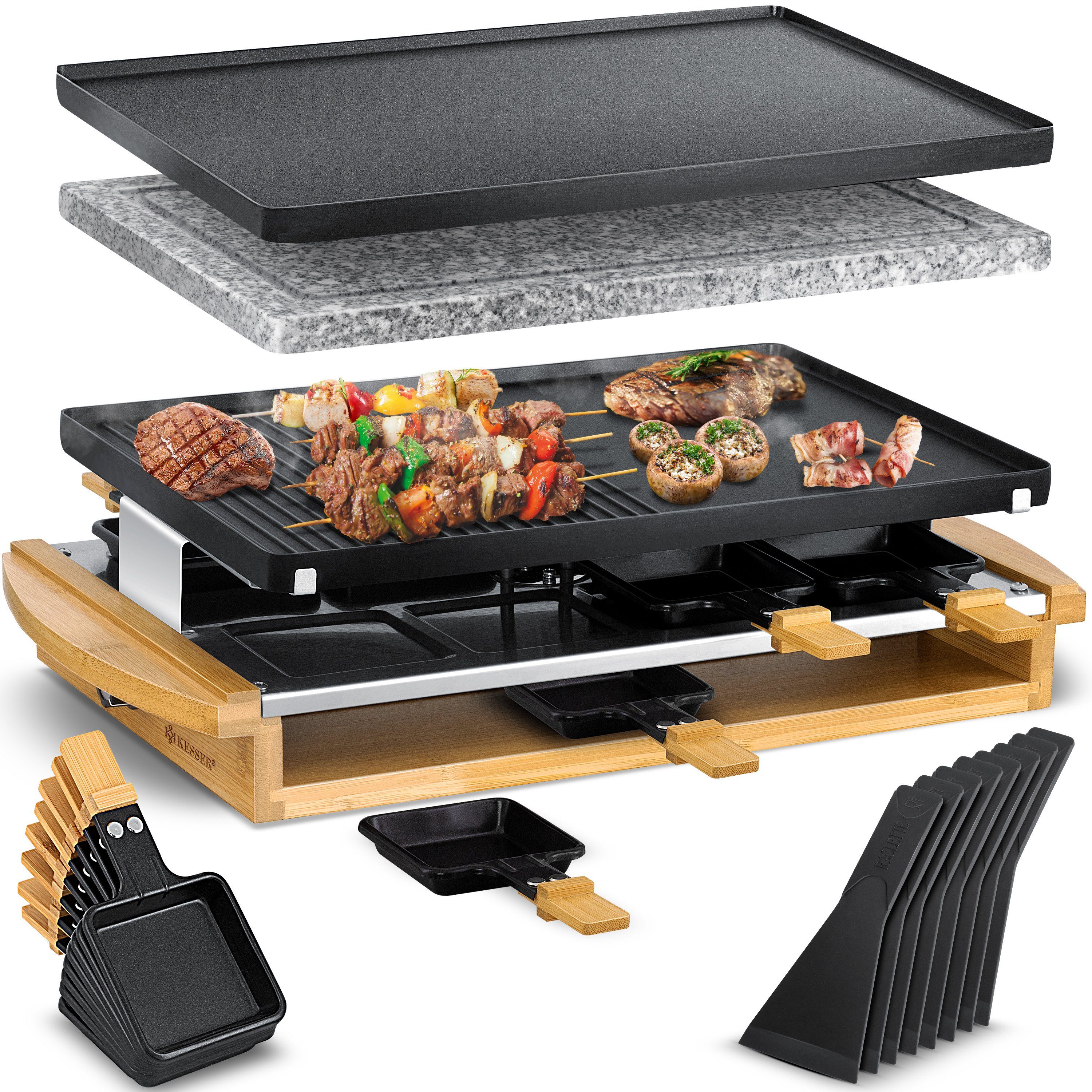 KESSER Raclette, 8 Raclettepfännchen, 1200 W, Raclette-Grill mit Naturgrillstein, Grillplatte Tischgrill