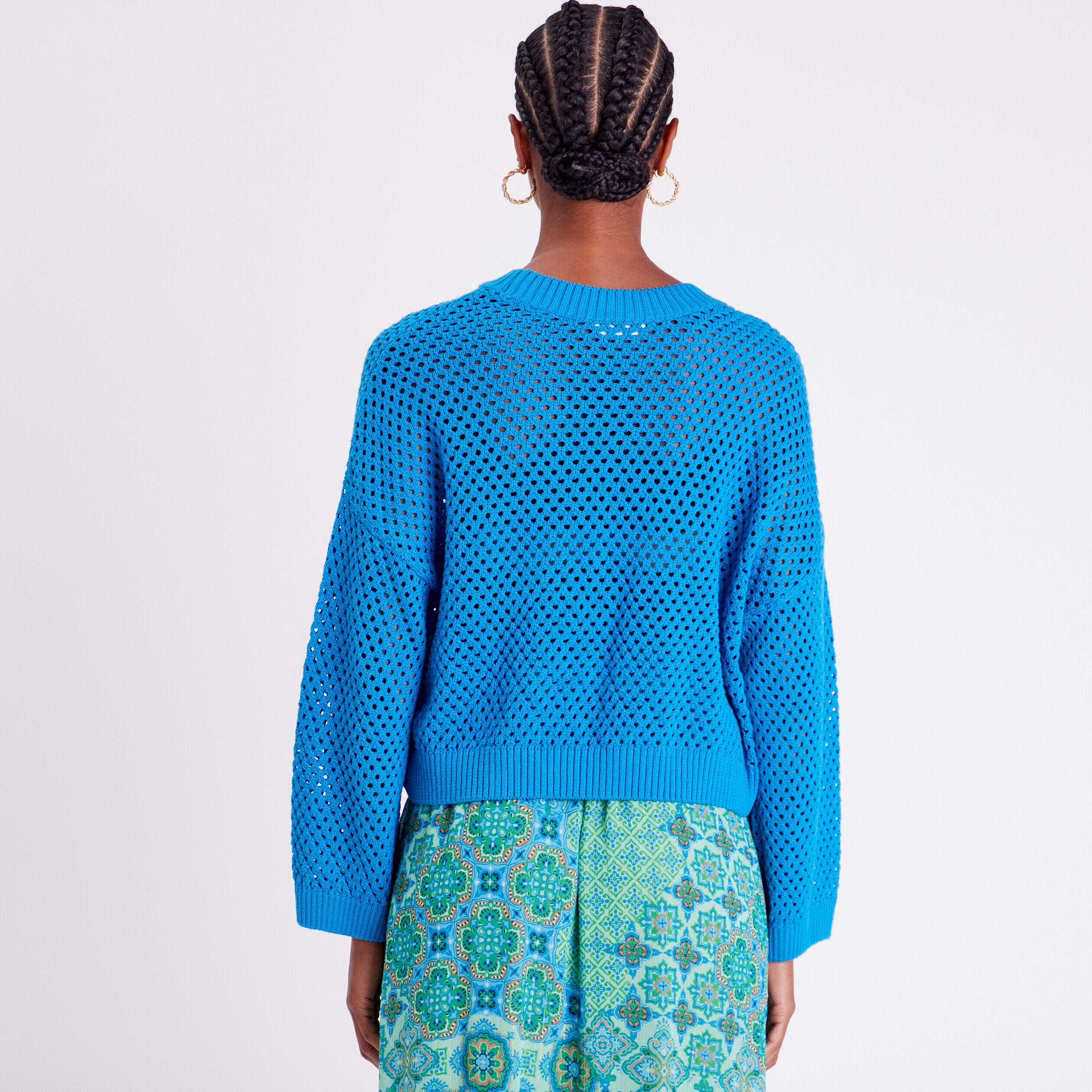 Pull ajouré col rond bleu femme | Cache Cache