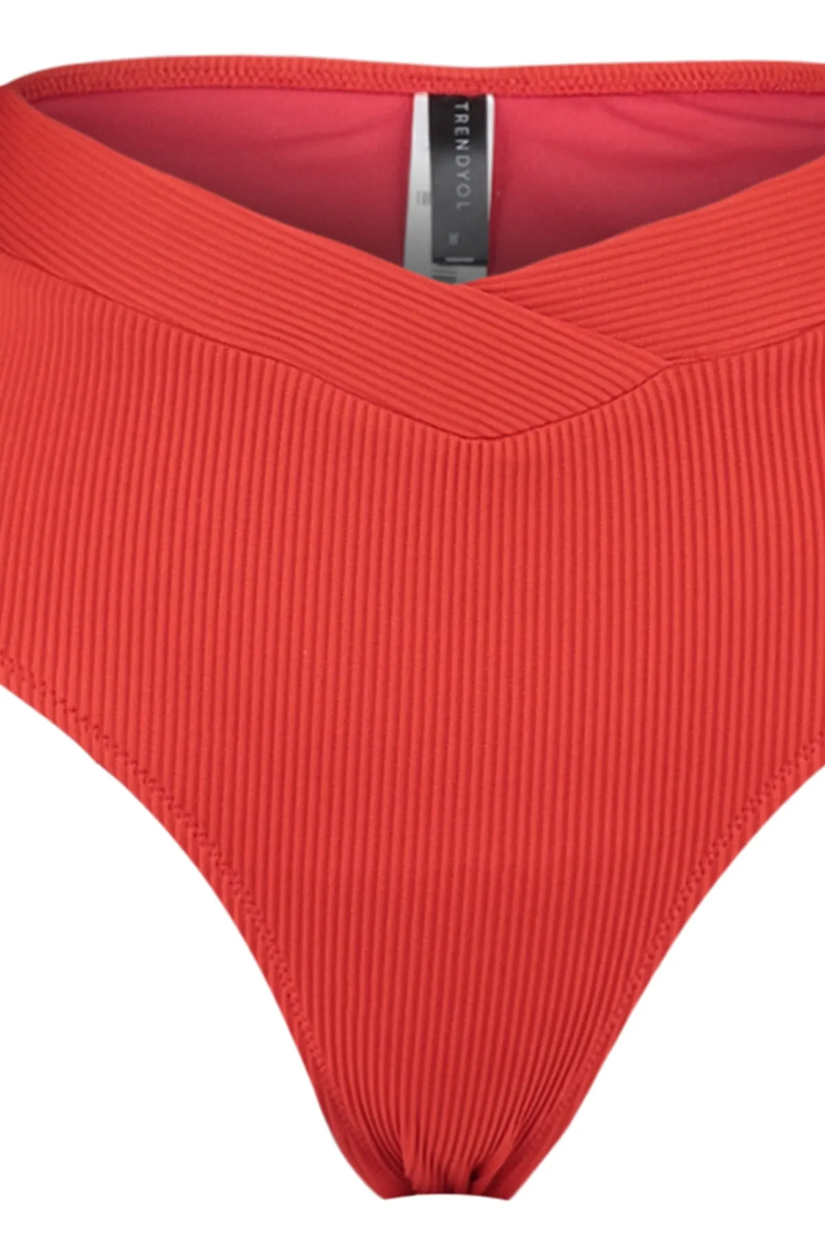 Trendyol Collection  Rote strukturierte V-Schnitt-Bikinihose mit hoher Taille und normalem Beinverlauf TBESS21BA0067