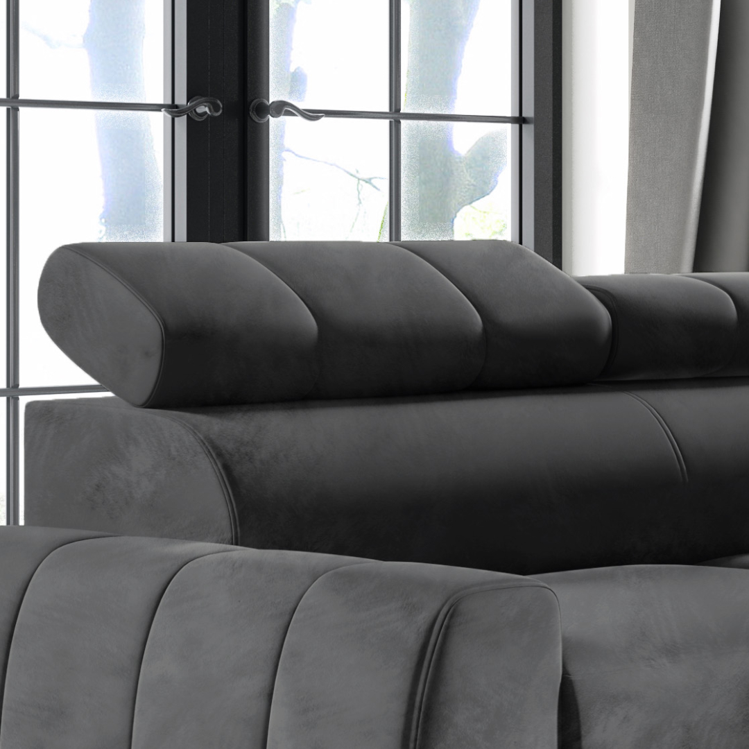 Möbel Punkt Wohnlandschaft Ecksofa Livorno Samt Grau Anthrazit mit Bettkasten Kopfteilverstellung Ottomane rechts