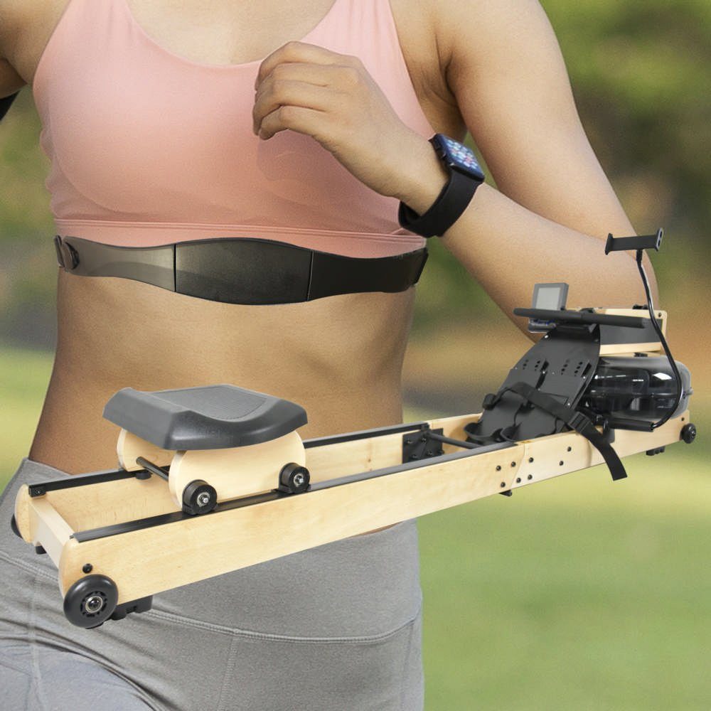 CHILLROI Rudergerät Holz Wasser Rudergerät hellbraun inkl. Brustgurt mit Wasserwiderstand (1 Stück, Wasserpumpe, 3x Chlortabletten, Bedienungsanleitung, Brustgurt), Klappbar, Bluetooth Verbindung mit Fitness-App