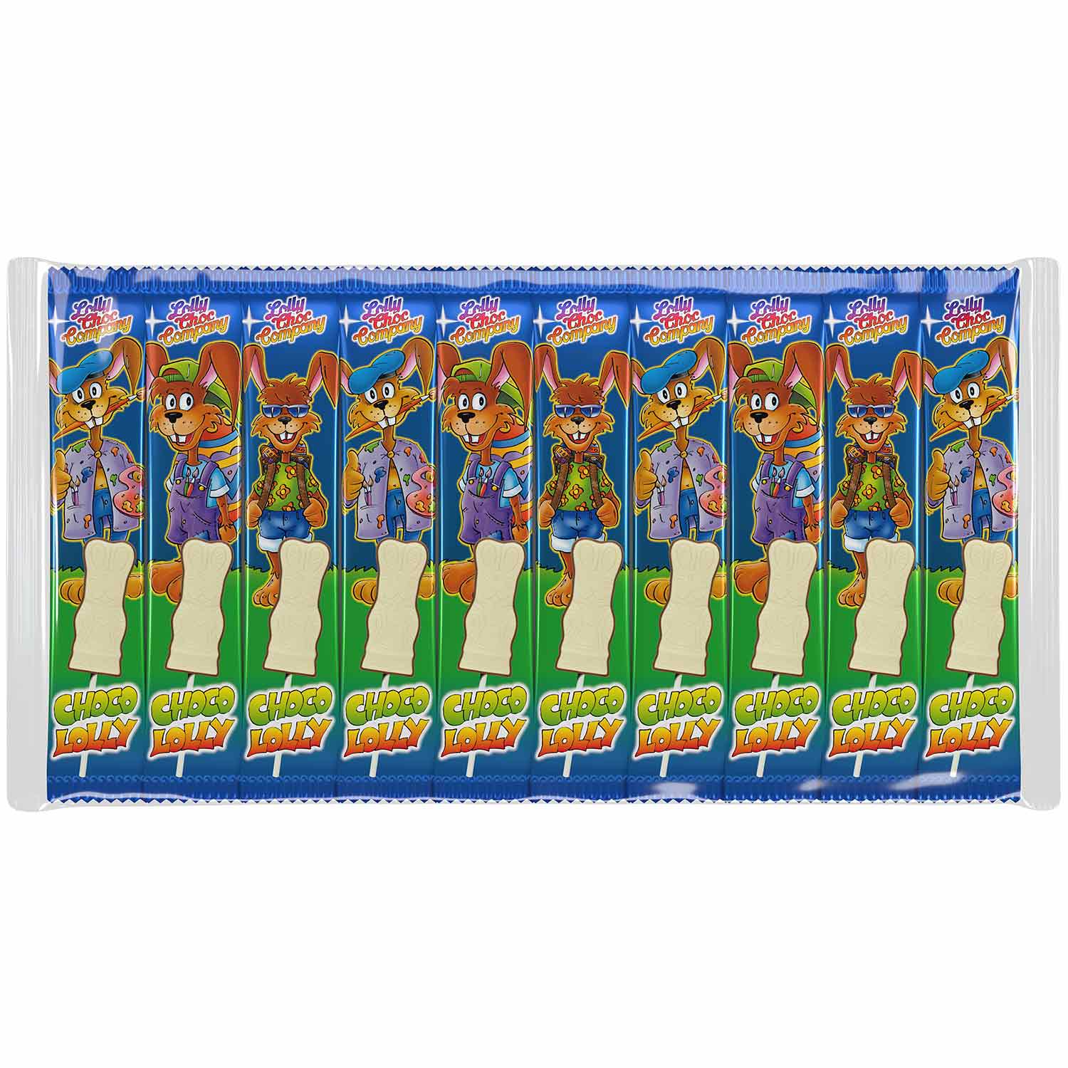 Lolly Choc Company Osterhasen am Stiel Vollmilch mit weißer Schokolade 10x15g