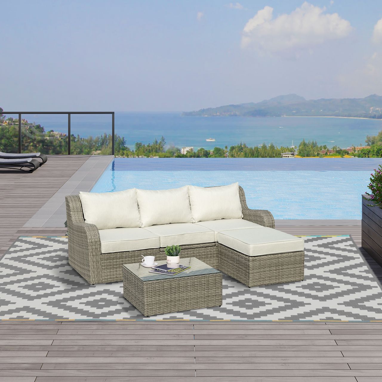 Outsunny 3-tlg. Polyrattan Gartenmöbel Set Gartengarnitur mit Tisch Aluminium