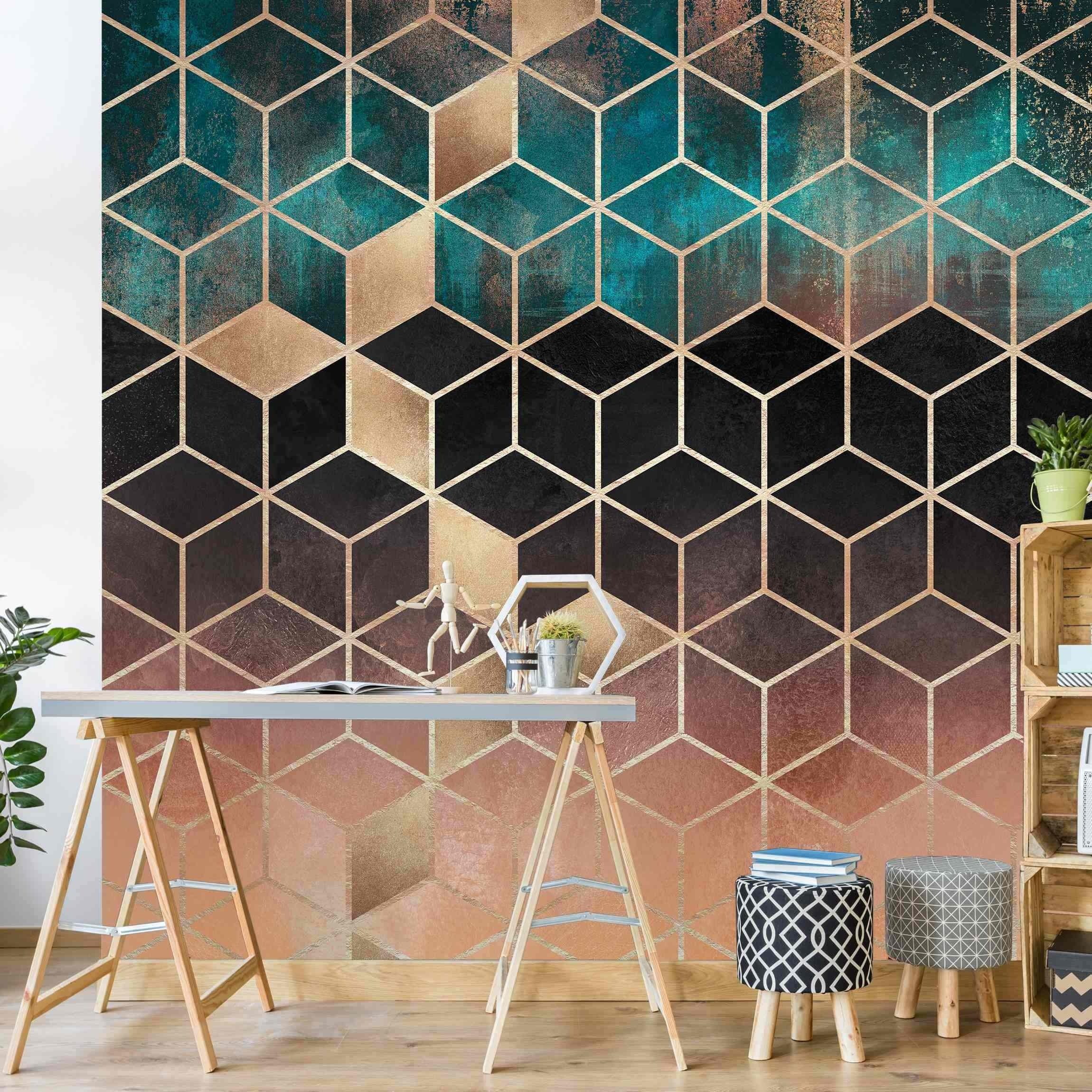 Bilderdepot24 Vliestapete Abstrakt Türkis Rosé goldene Geometrie Tapete Wanddeko Modern Kunst, Glatt, Matt, (Inklusive Gratis-Kleister oder selbstklebend), Wohnzimmer Schlafzimmer Küche Flur Fototapete Motivtapete Wandtapete