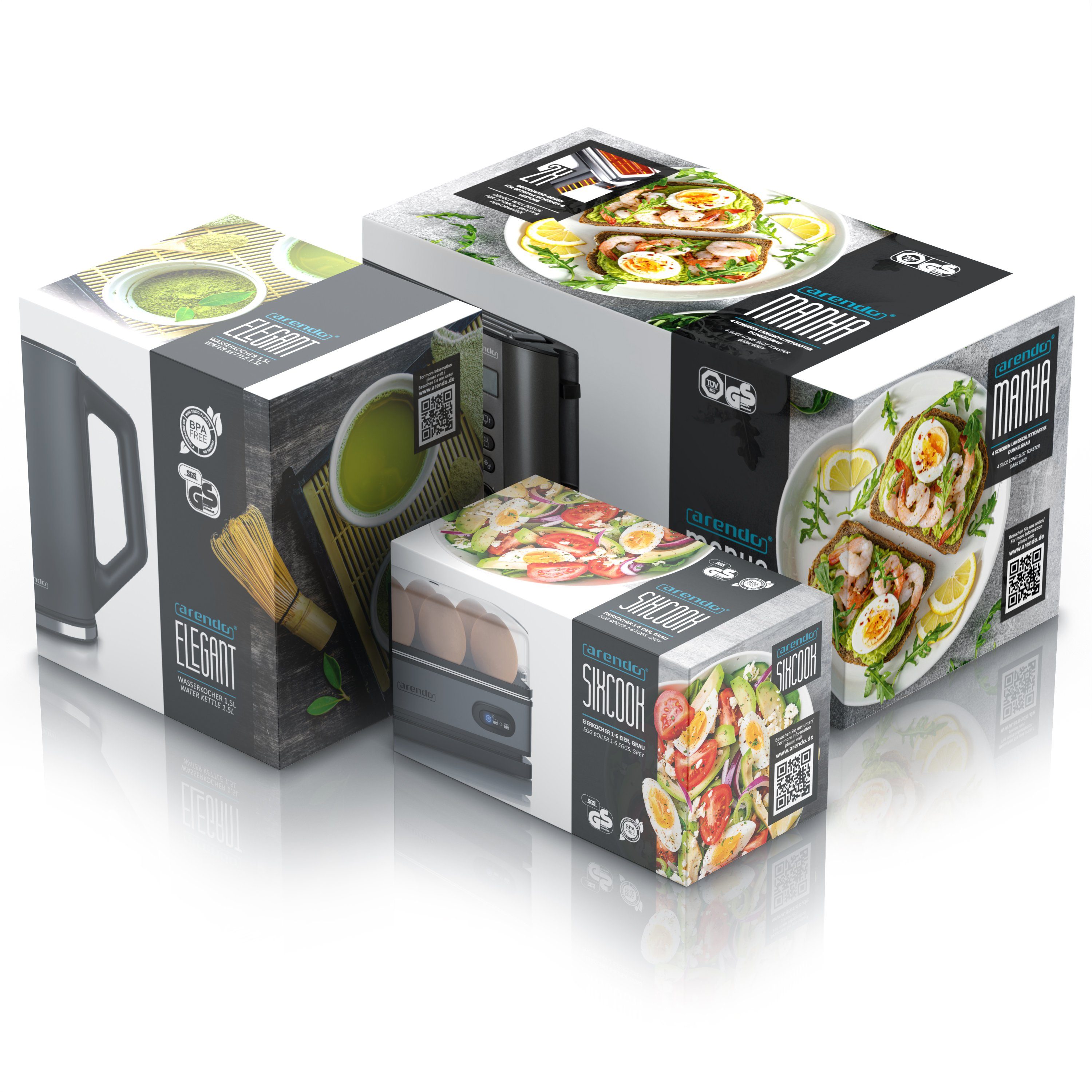 Arendo Frühstücks-Set (3-tlg), Wasserkocher 1,5l, 4-Scheiben Toaster, 6er Eierkocher, Grau