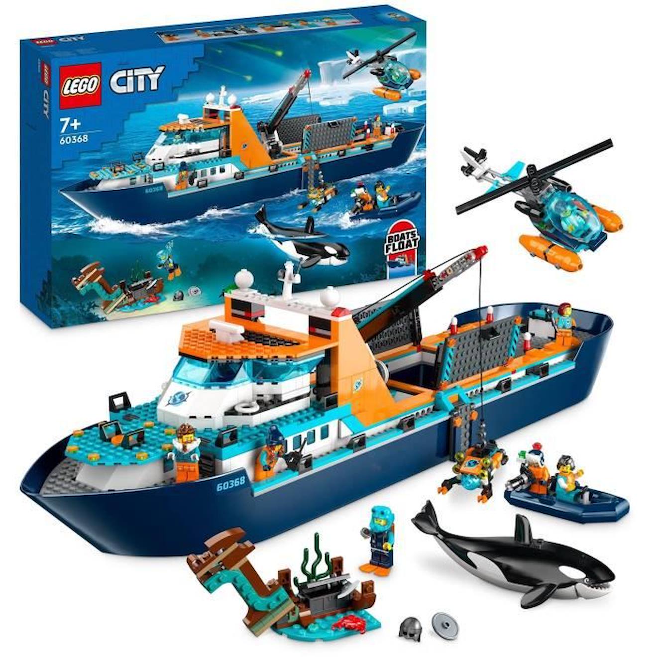LEGO® City 60368 Le Navire d’Exploration Arctique, Jouet de Grand Bateau Flottant, Cadeau Enfants bleu