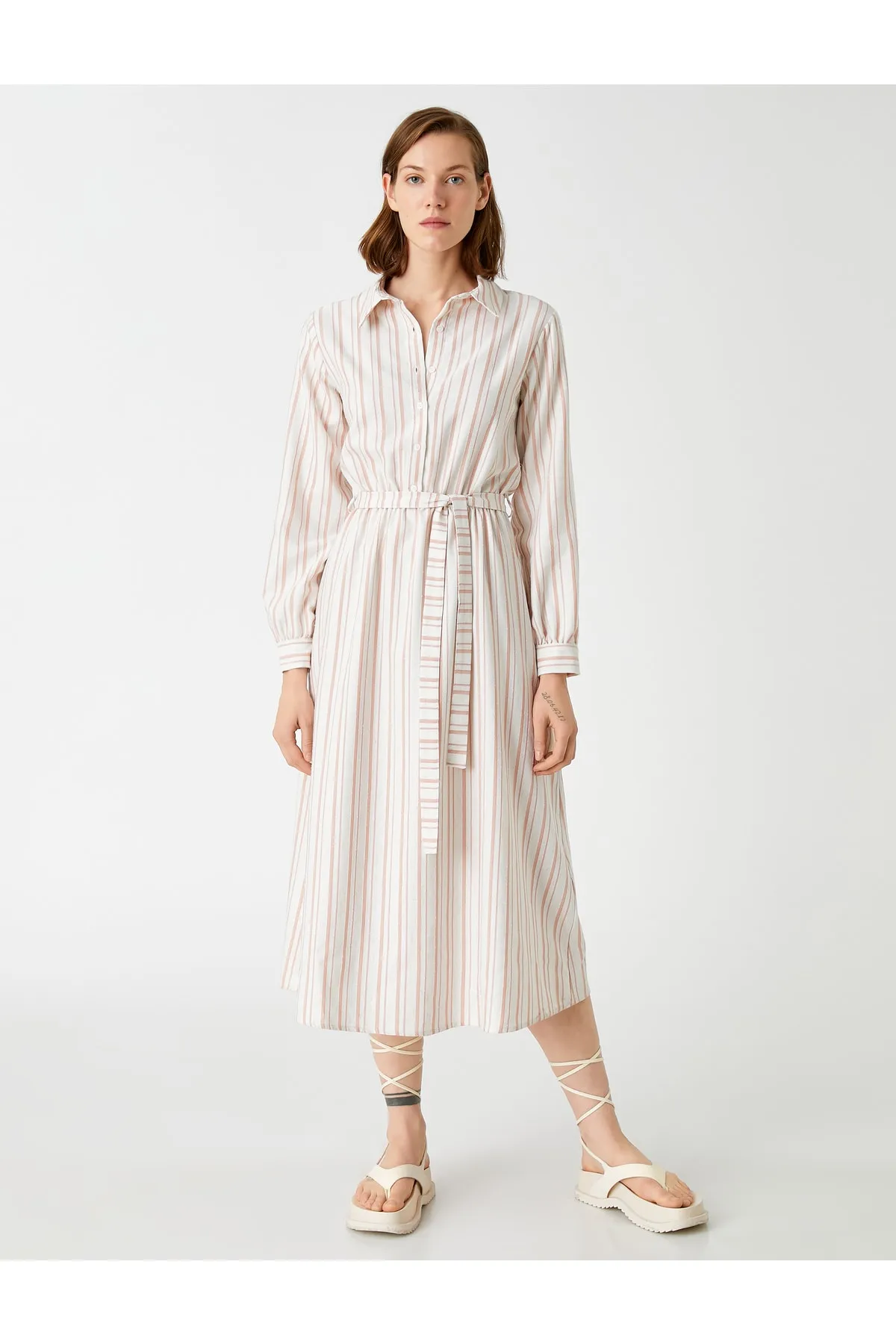 Koton  Midi-Hemdkleid aus Leinenmischung mit Gürtel