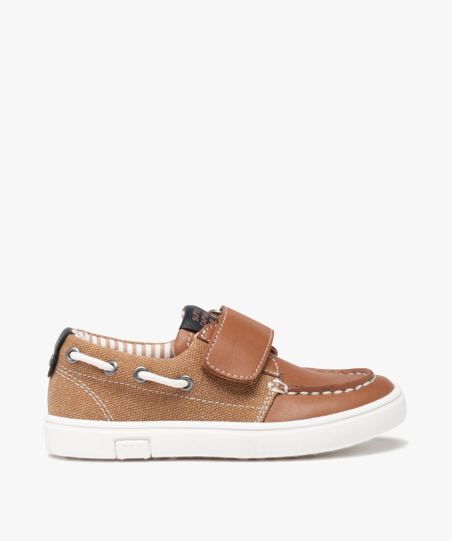 Chaussures bateau Garçon bi-matières à scratch camel | GEMO