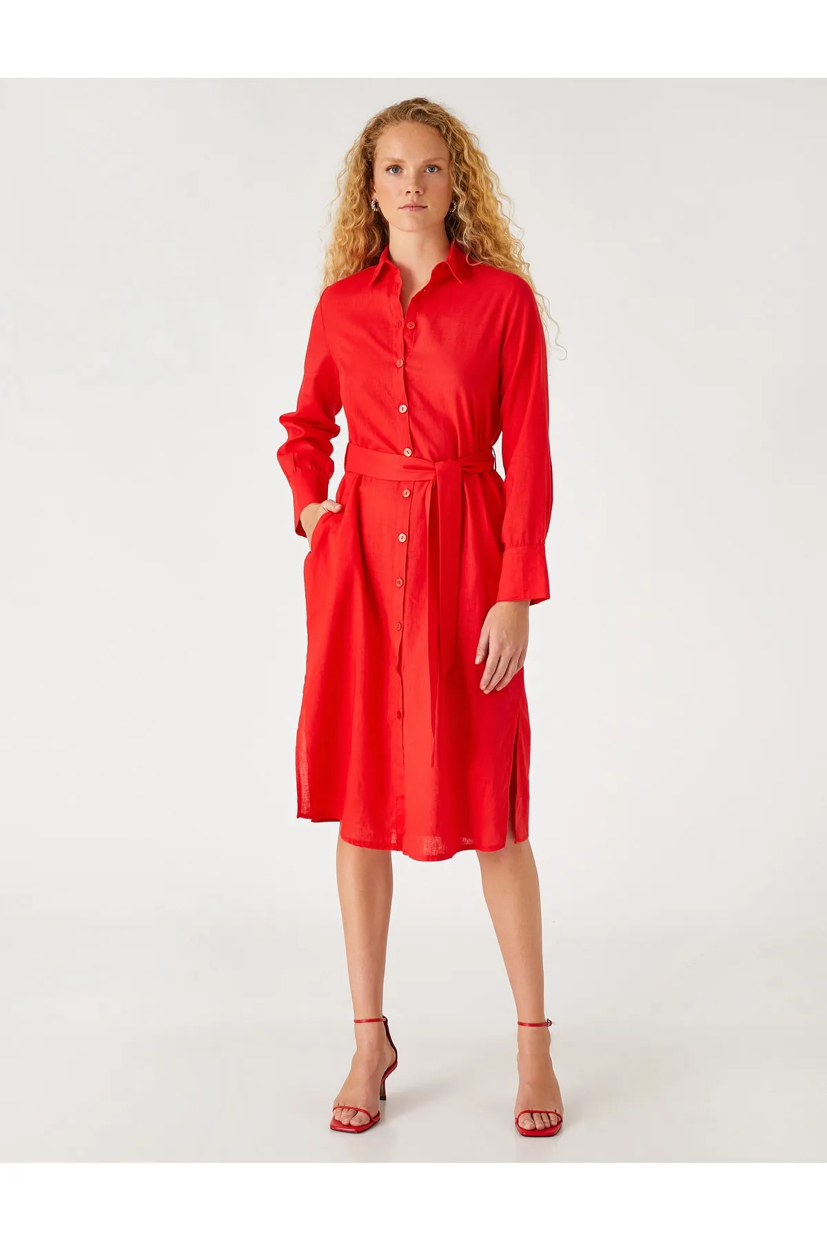 Koton  Midi-Hemdkleid aus Leinenmischung