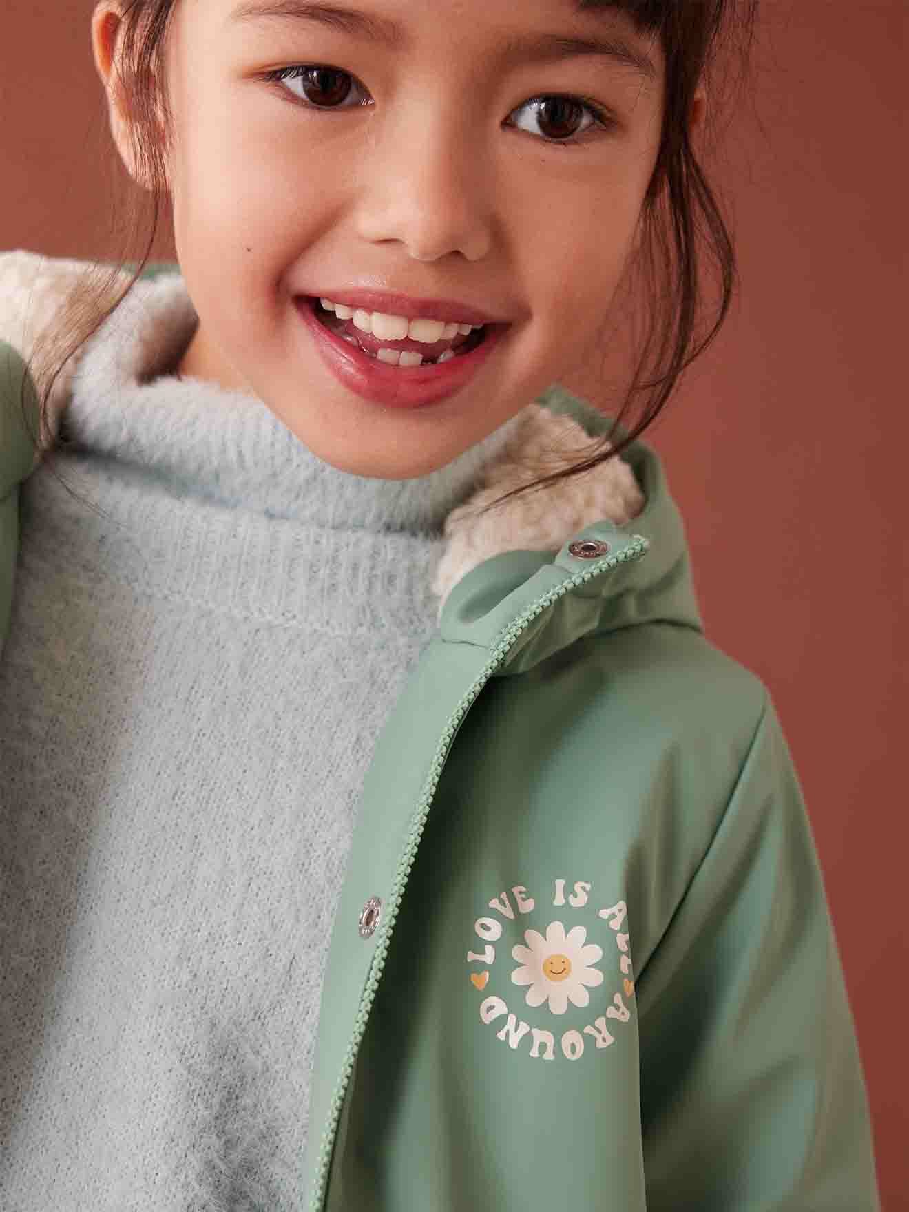 Vertbaudet Mädchen Regenjacke mit Kapuze & Teddyfleece-Futter - moosgrün