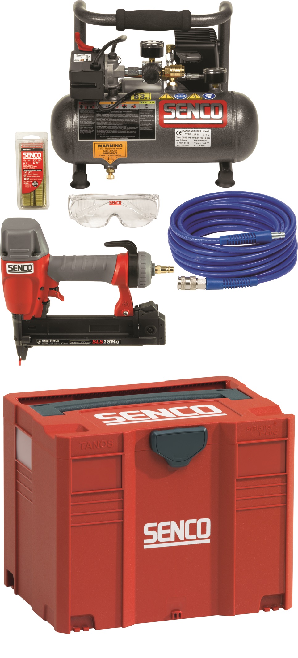 Senco PC0972EUPS - Kompresora komplekts PC 1010 + skavotājs SLS 18 MG systainer kastē + 5 m PU šļūtene + skavas
