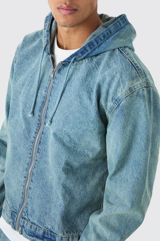 Kastiger Denim-Hoodie mit Reißverschluss