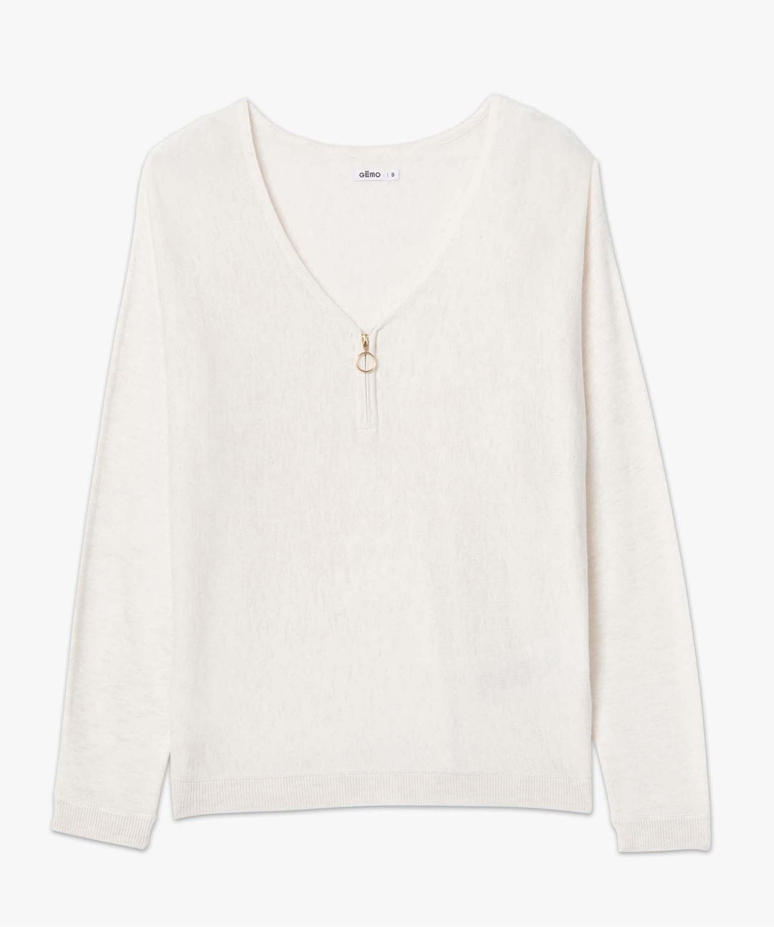 Pull col V zippé et manches chauve-souris femme ecru | GEMO