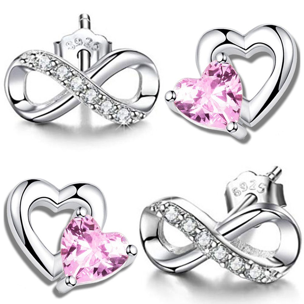 Limana Paar Ohrstecker 2er SET echt 925 Sterling Silber Unendlichkeit rosa Herz, Liebe kleine Ohrringe
