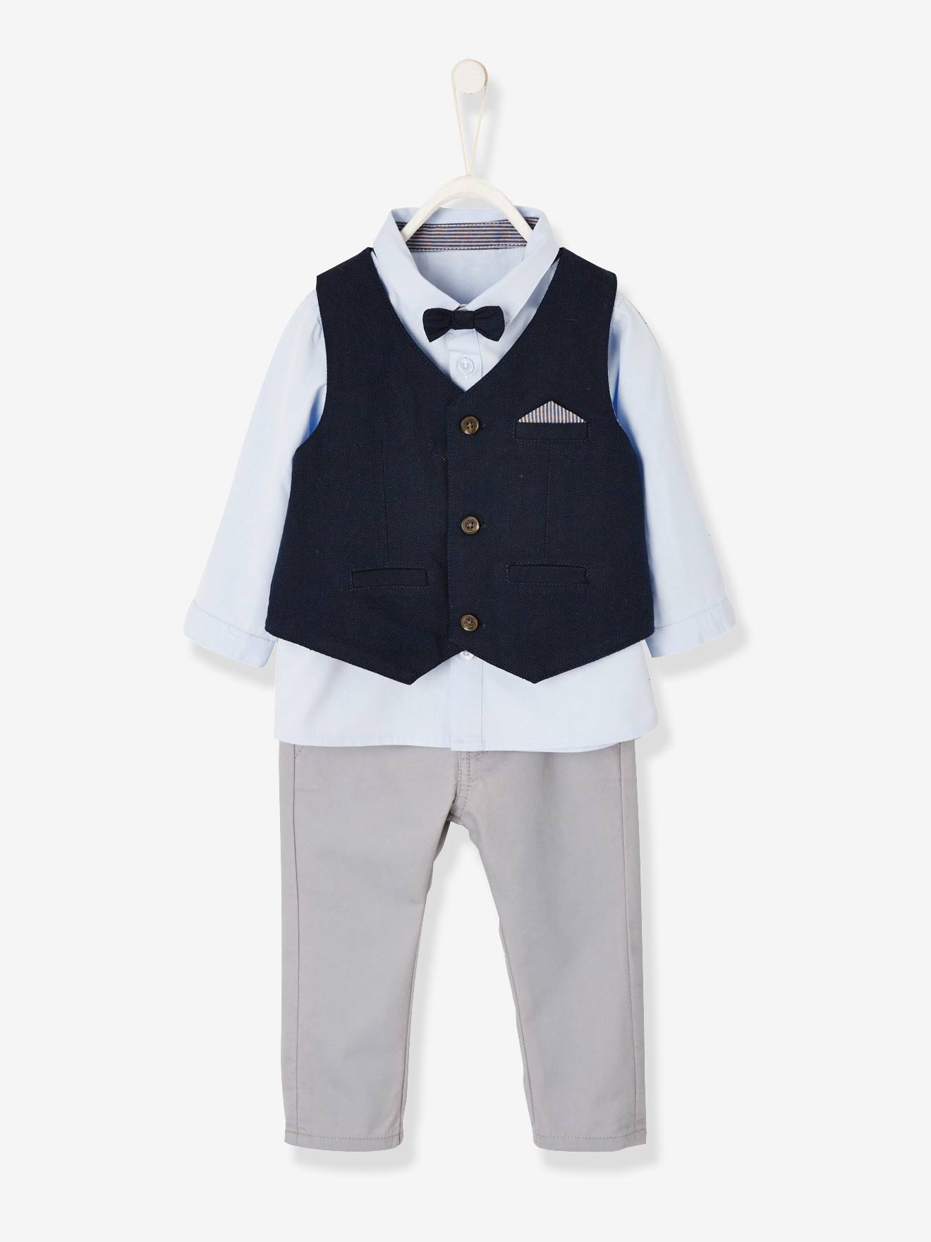 Vertbaudet Festliches Jungen Baby-Set: Hemd, Hose, Weste & Fliege Oeko-Tex - blau/nachtblau/grau