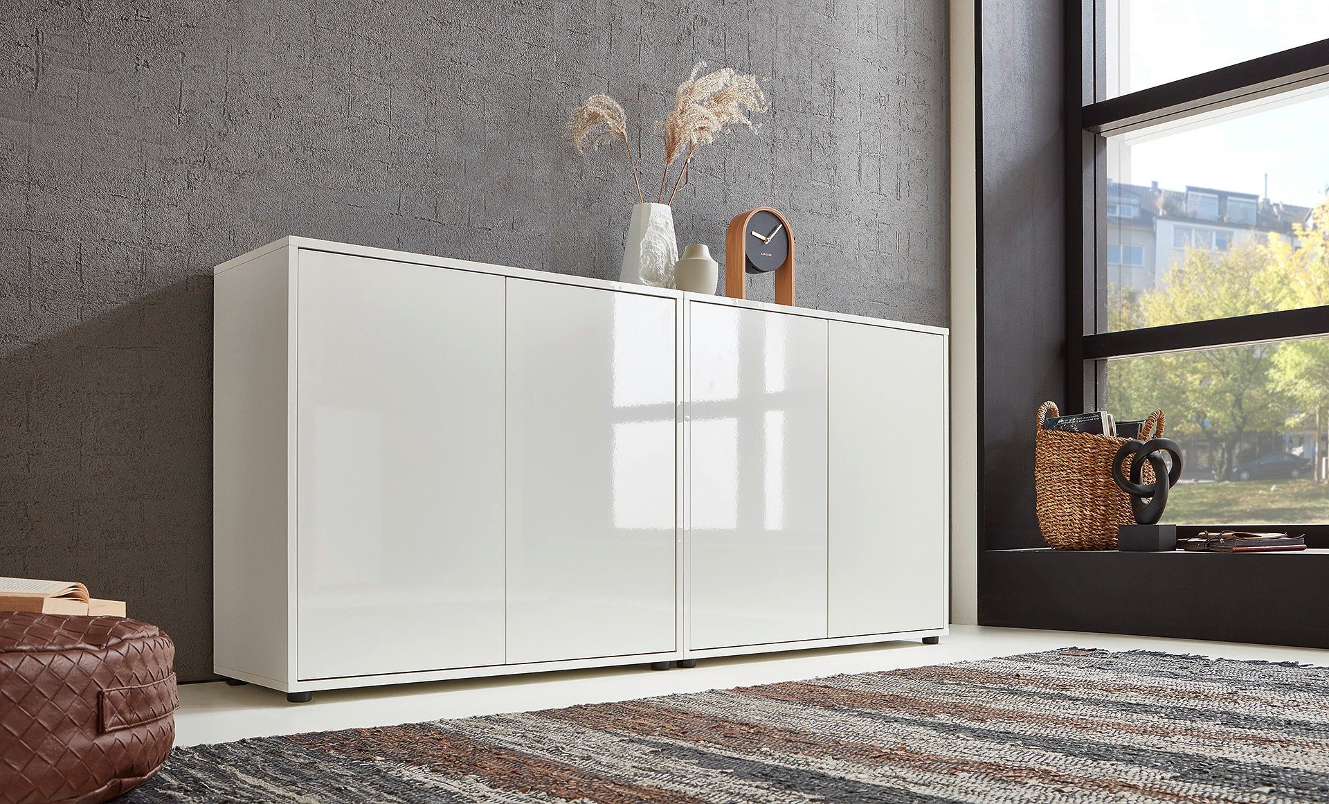 BMG Möbel Sideboard Mailand Set 2 (Kommode Anrichte Aktenschrank), mit weiß lackierten Hochglanzfronten