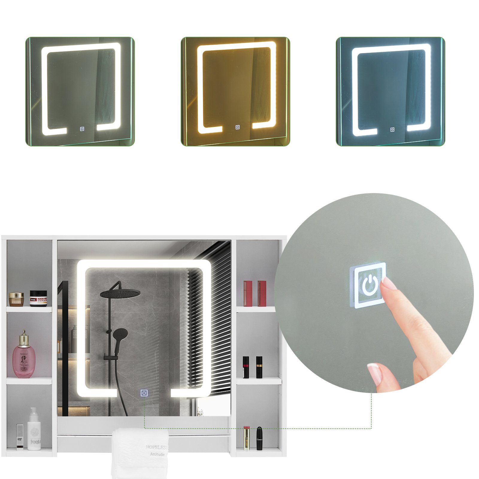 CLIPOP Spiegelschrank Badeschrank mit LED Wandspiegel mit Touchschalter, verstellbaren Regalen & Handtuchhalter