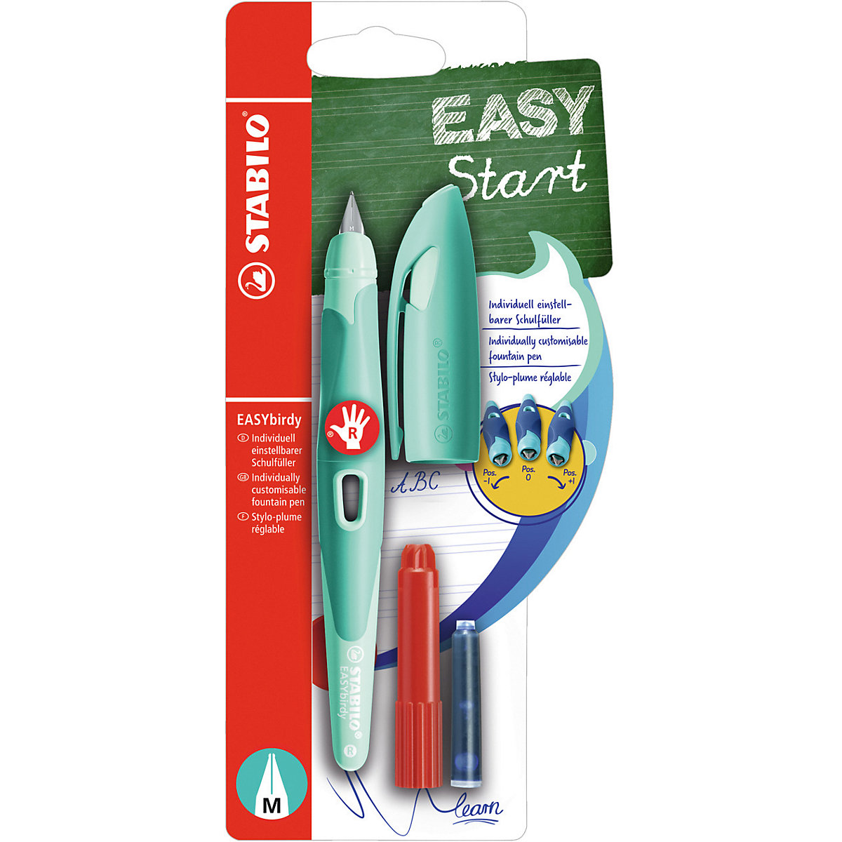 Schulfüller EASYbirdy Rechtshänder M-Feder Pastel Edition soft aqua grün, inkl. Patrone & Einstellwerkzeug
