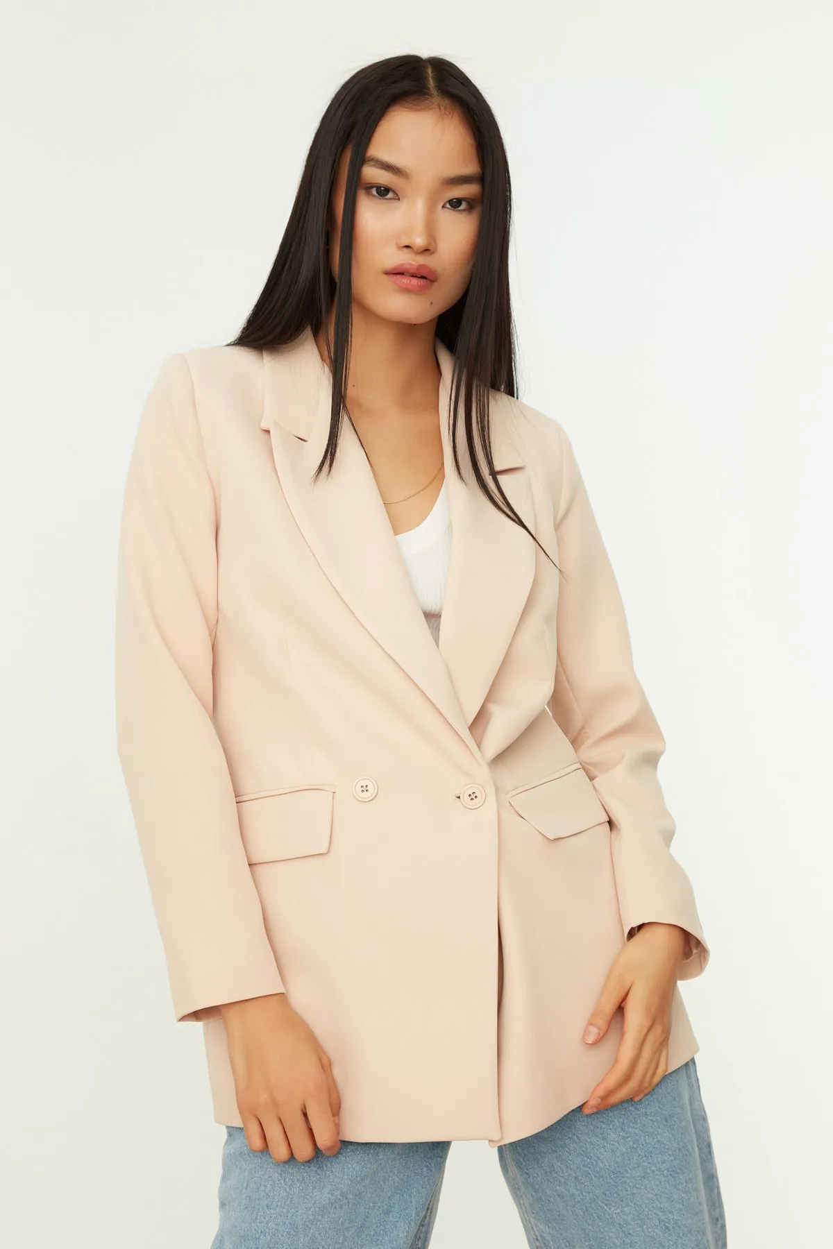 Trendyol Collection  Beige, normal gefütterte, zweireihige Blazerjacke aus Webstoff mit Verschluss TWOSS20CE0059