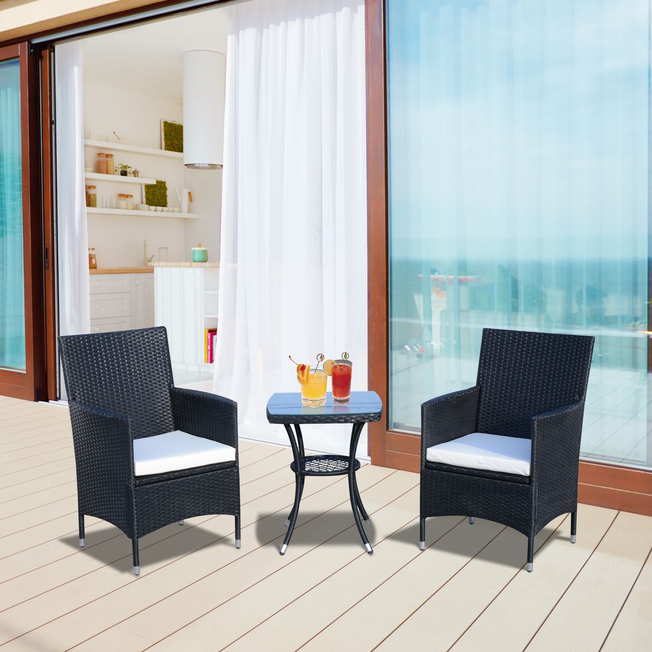 Outsunny 3-tlg. Balkonmöbel Set Sitzgruppe Rattan Gartenset Polyrattan Schwarz