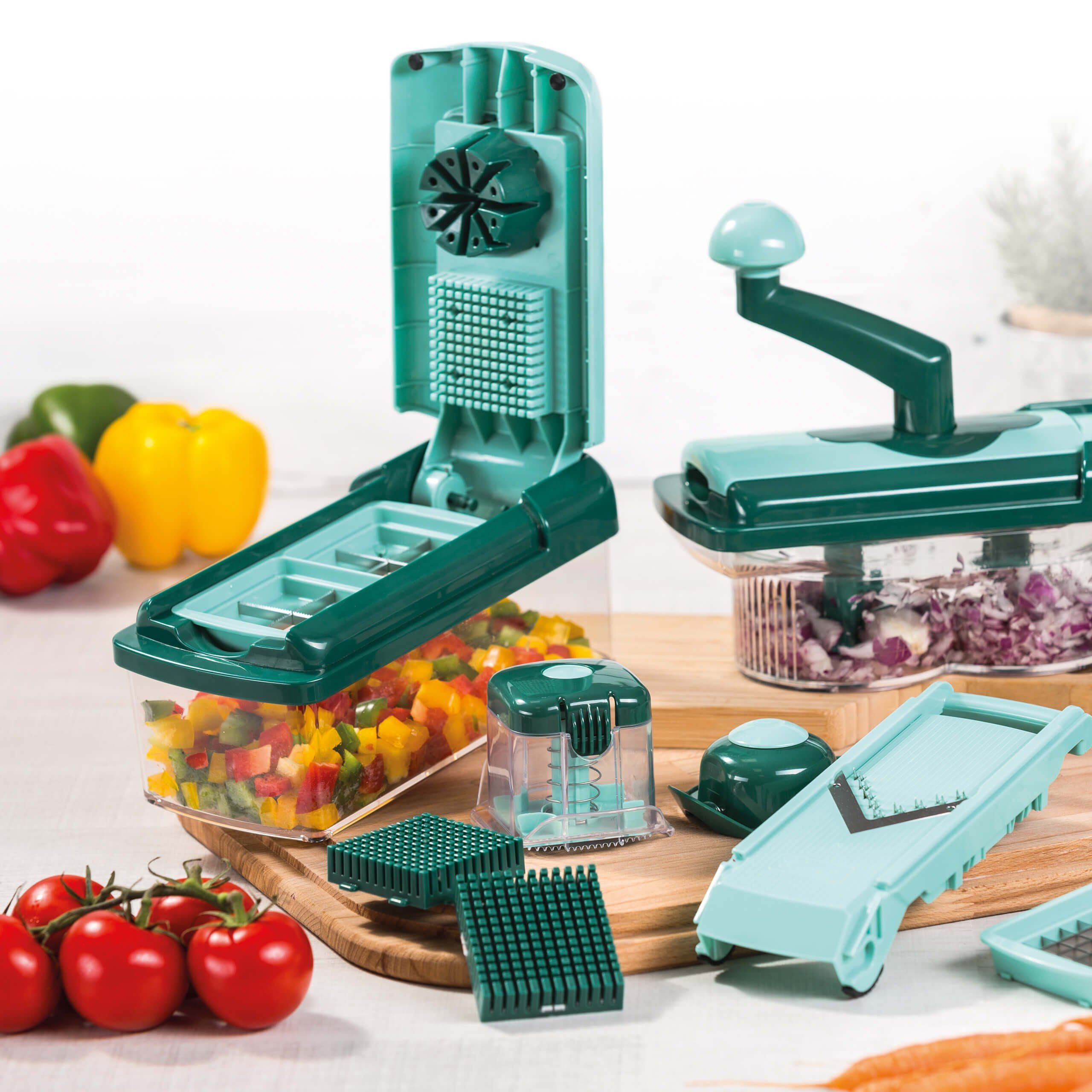 Genius Gemüseschneider Nicer Dicer Fusion smart, 23 Teile, Würfel, Stifte, Gemüsehobel mit 1250ml Fassungsvolumen