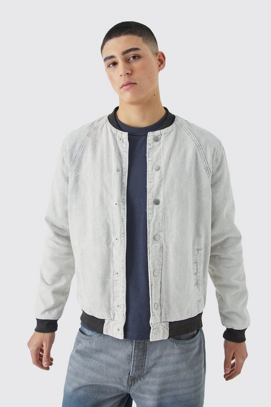 Hellgraue Cord-Bomberjacke mit Acid-Waschung