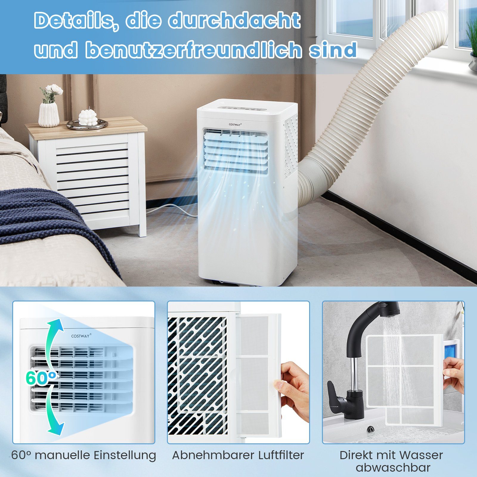 COSTWAY 3-in-1-Klimagerät, 9000BTU/2,75kW, für 75m³, Fernbedienung, 16℃-32℃