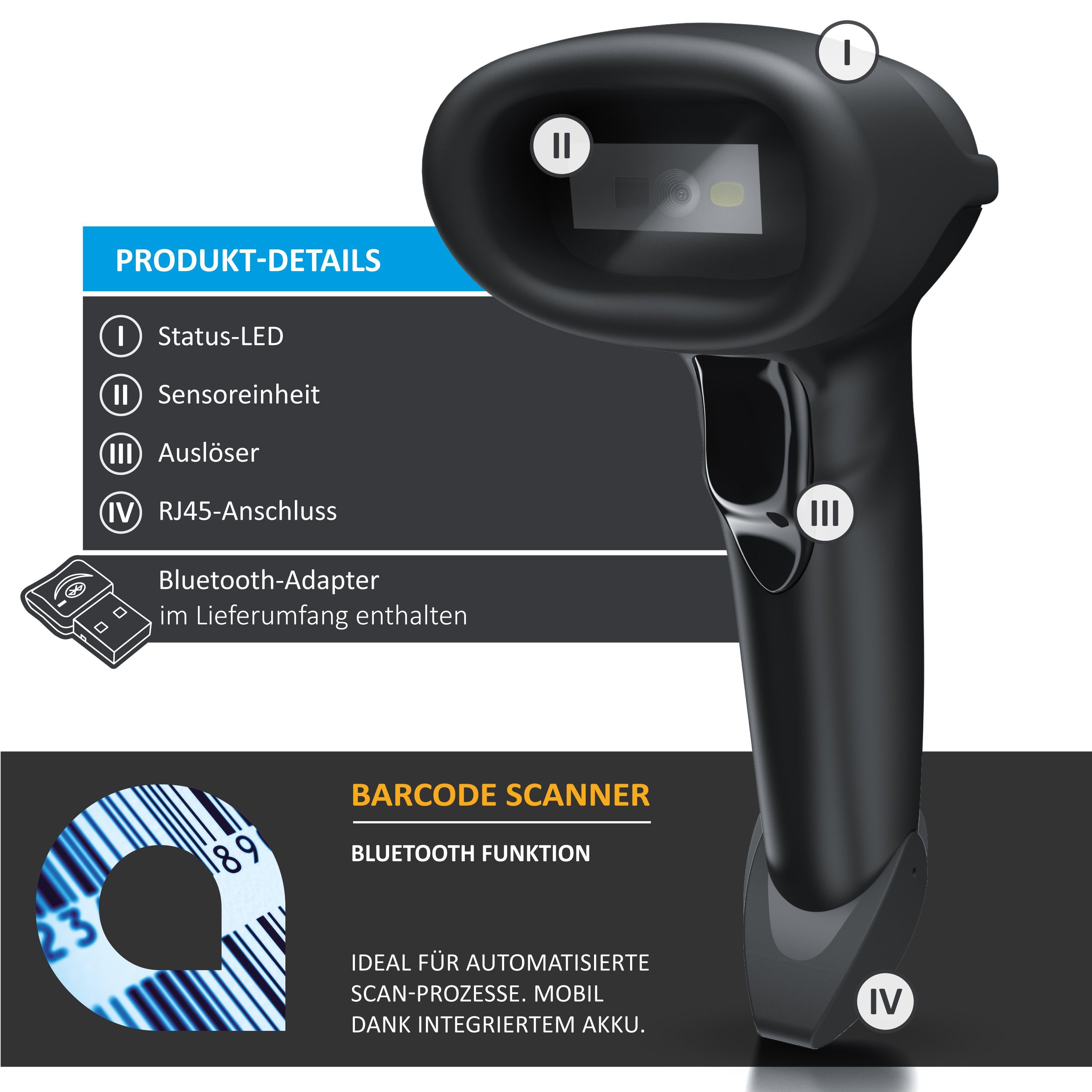 Aplic Handscanner, (Bluetooth Barcode Scanner. Barcodescanner kabellos inkl. Standfuß)