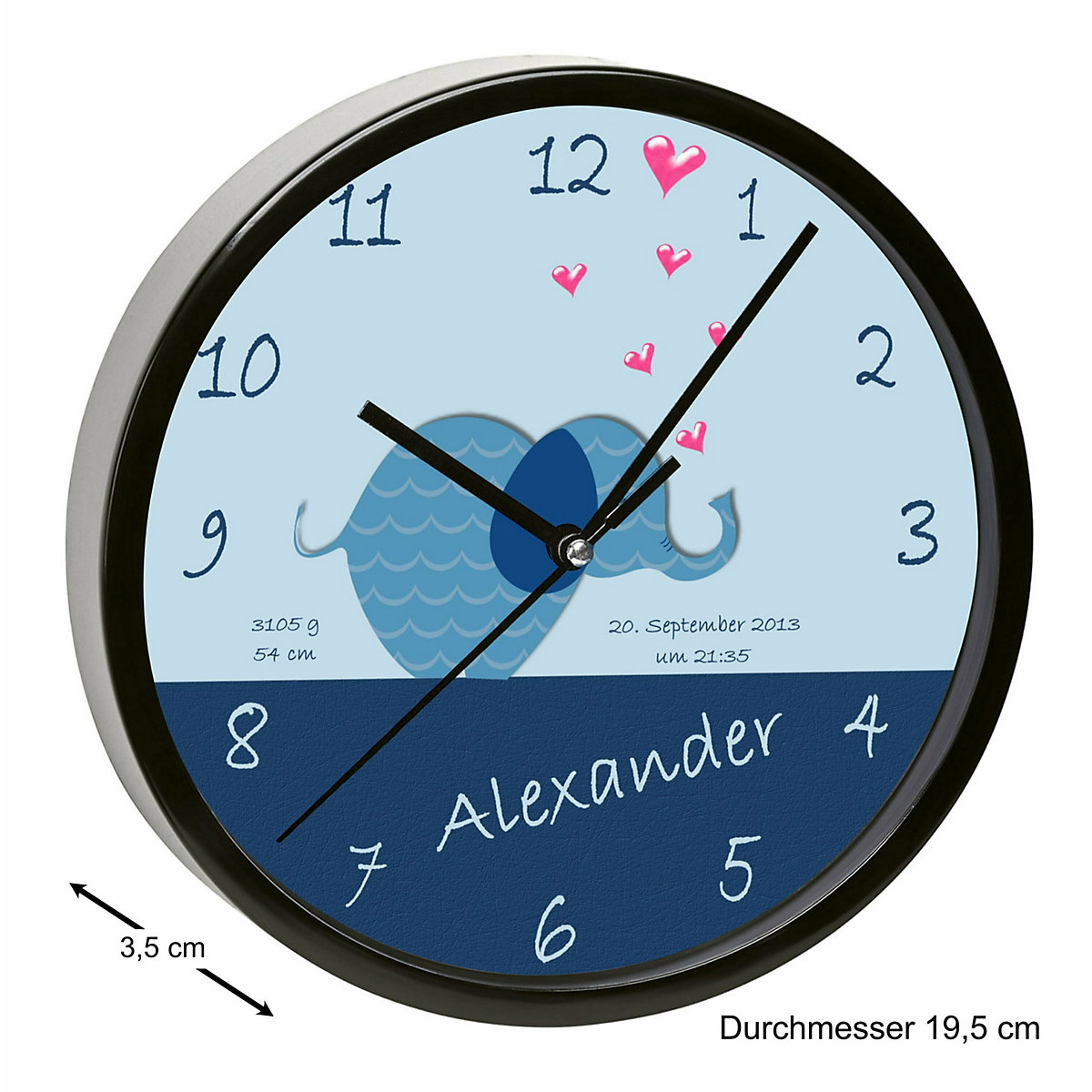 Kinder Wanduhr personalisiert mit Name Elefant blau