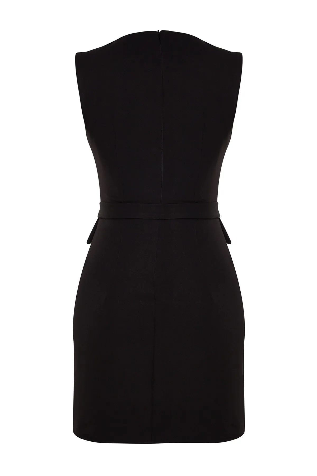 Trendyol Collection  Schwarzes, figurbetontes Minikleid aus Webstoff mit Taschen und Gürtel TWOSS23EL02037