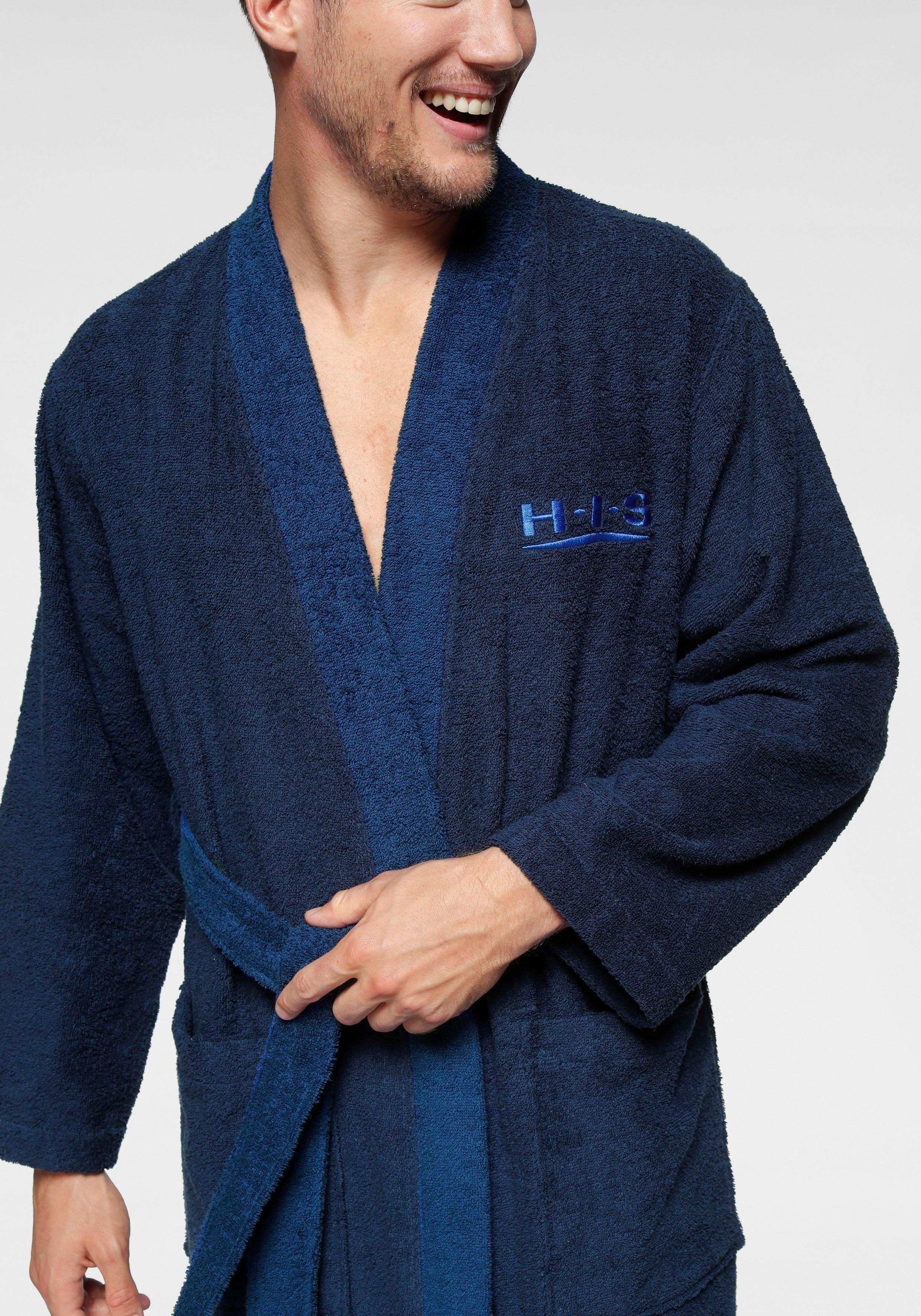 H.I.S Unisex-Bademantel Hannes, Langform, Walkfrottee, Kimono-Kragen, Gürtel, für Damen & Herren, lang, mit Taschen, S-3XL