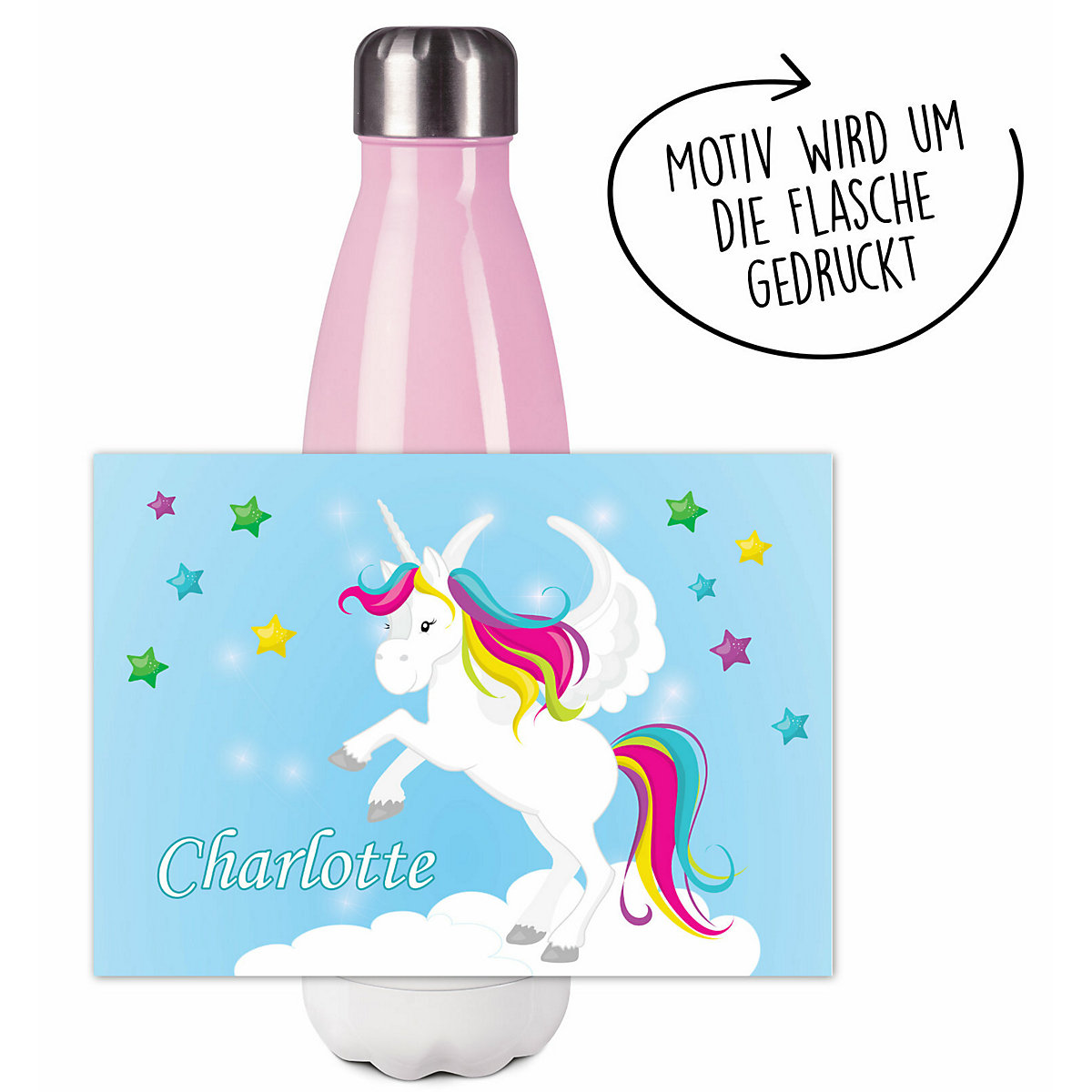 Edelstahl Kinder Thermoflasche / Trinkflasche bunt Pegasus Farbe blau Spülmaschinenfest, Auslaufsicher, Bruchfest, Doppelwandig, Für Heißgetränke geeignet, Mit Deckel, Isoliert