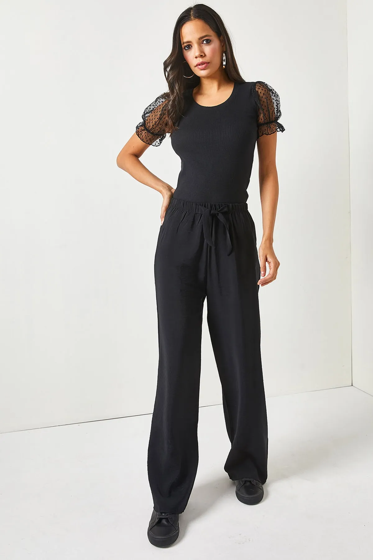 Olalook  Schwarze Palazzo-Ayrobin-Hose mit Gürtel und elastischem Bund für Damen PNT-19000200