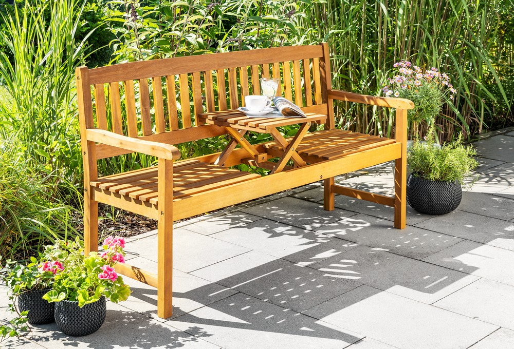 HC Garten & Freizeit Gartenbank mit hochklappbarem Tisch aus Akazienholz