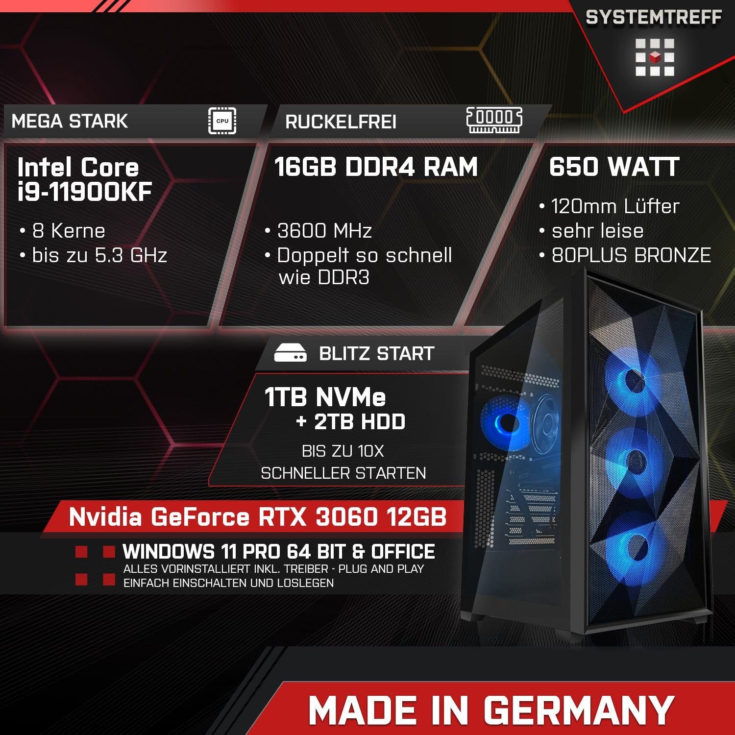 SYSTEMTREFF Gaming-PC (Intel Core i9 11900KF, GeForce RTX 3060, 16 GB RAM, 2000 GB HDD, 1000 GB SSD, Luftkühlung, Windows 11, WLAN)