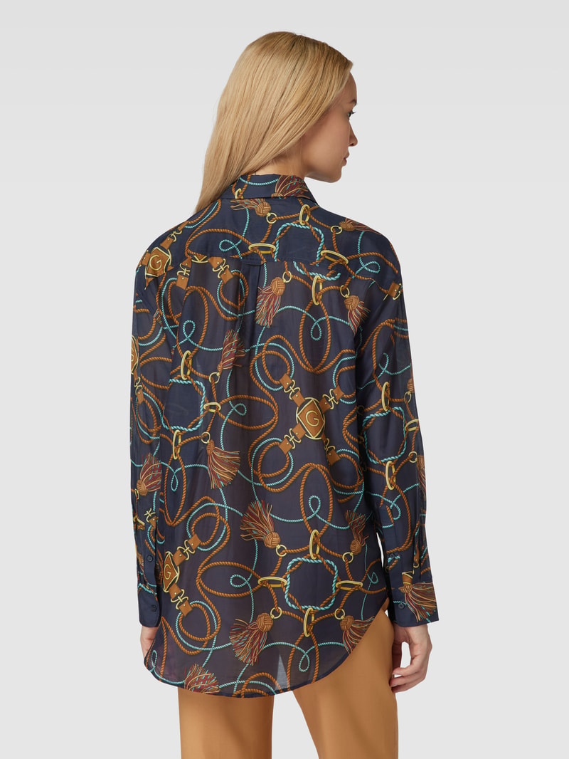 Bluse aus Baumwoll-Seide-Mix mit Allover-Muster in marineblau