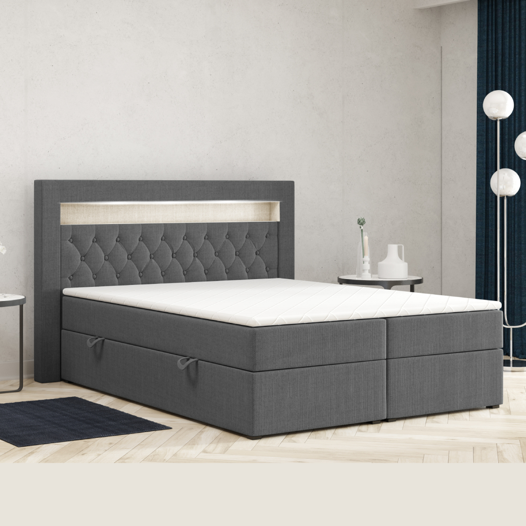 Möbel Punkt Boxspringbett DENVER mit LED und Bettkasten 180 x 200 cm Webstoff Anthrazit Bett Bettkasten