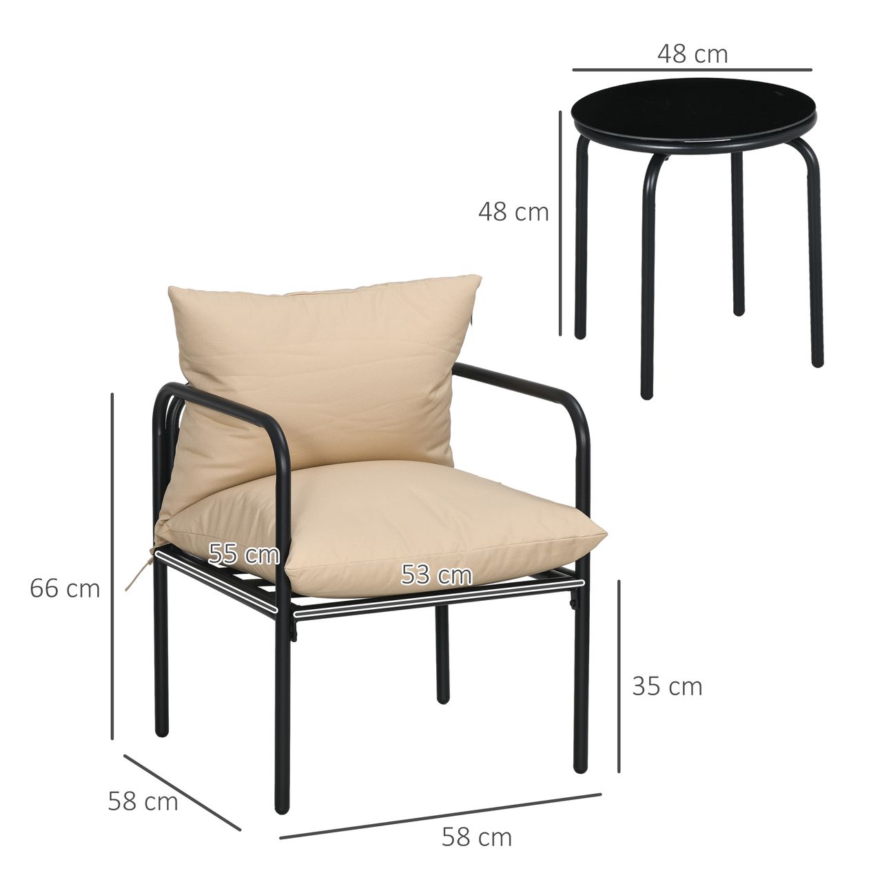 Outsunny 3tlg. Gartenmöbel-Set, Bistro-Set mit 2 Stühlen 1 Couchtisch Sitzkissen