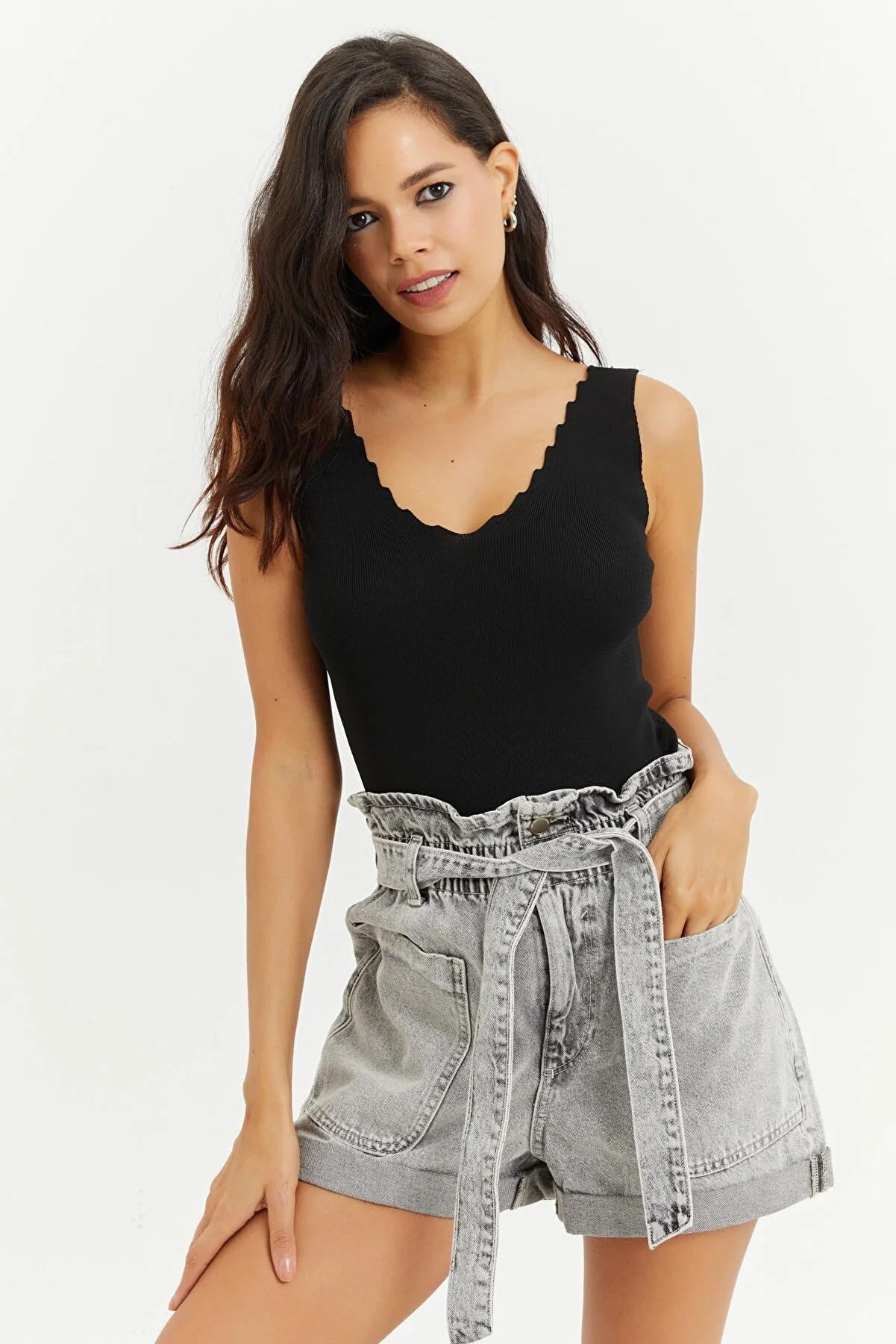 Cool & Sexy  Schwarze Strickbluse mit Leiterkragen für Damen YV83
