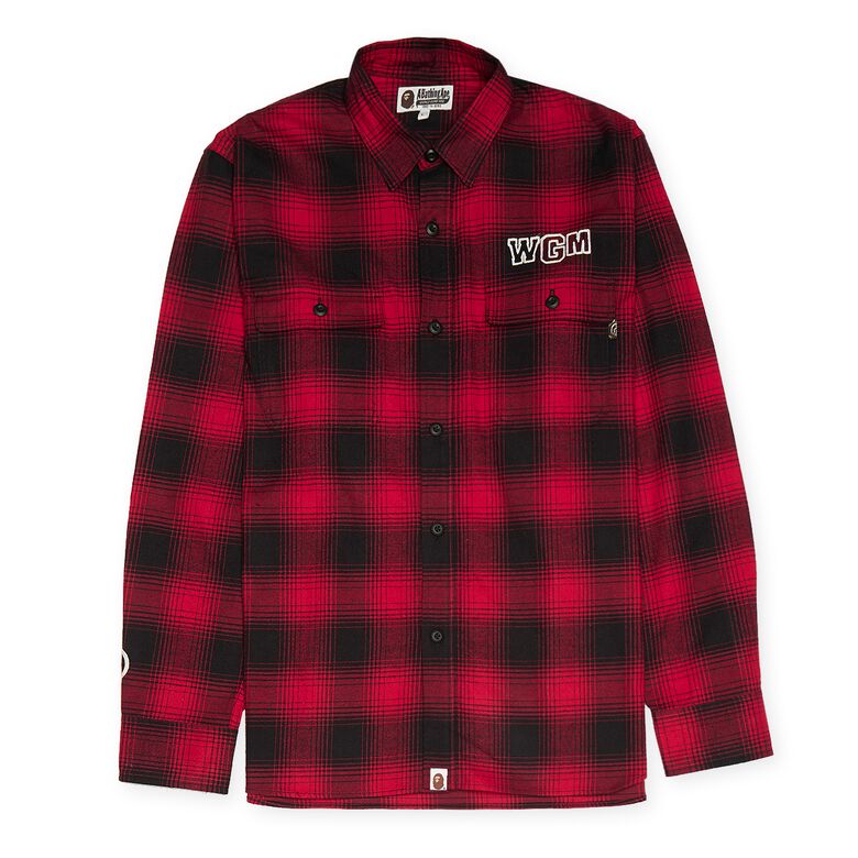 A Bathing Ape Check Shark Relaxed Fit Flannel Shirt red