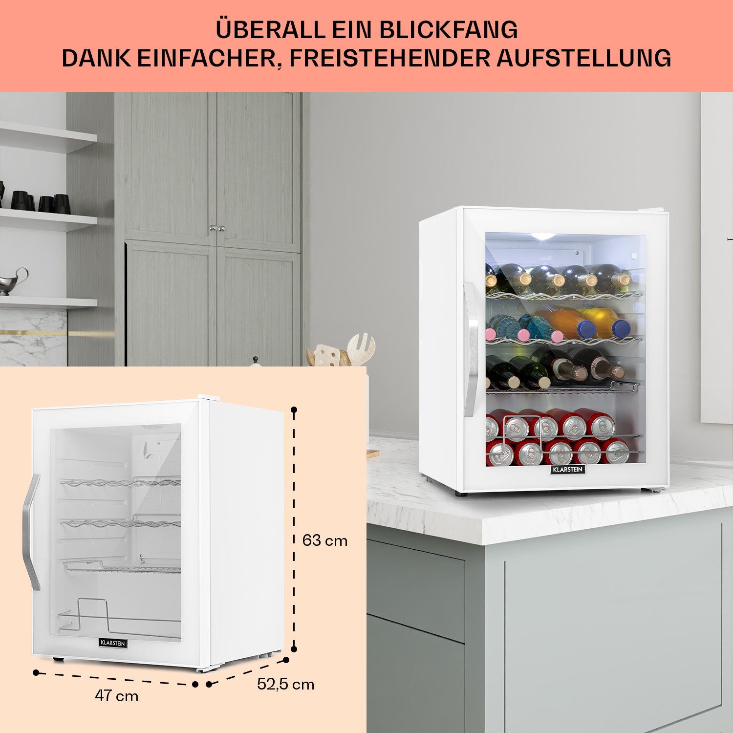 Klarstein Getränkekühlschrank HEA-Beersafe XL WG 10034929A, 63 cm hoch, 47 cm breit, Bierkühlschrank Hausbar Getränke Flaschenkühlschrank Glastür