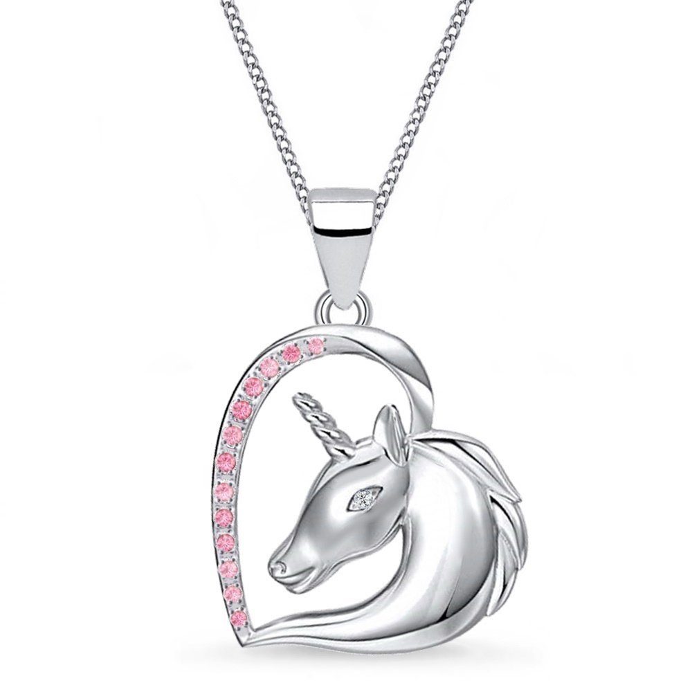 Goldene Hufeisen Kette mit Anhänger Mädchen Kinder Kette Einhorn Pferd aus 925 Silber Herz Zirkonia (Set Schmuckset, inkl. Etui), Rhodiniert