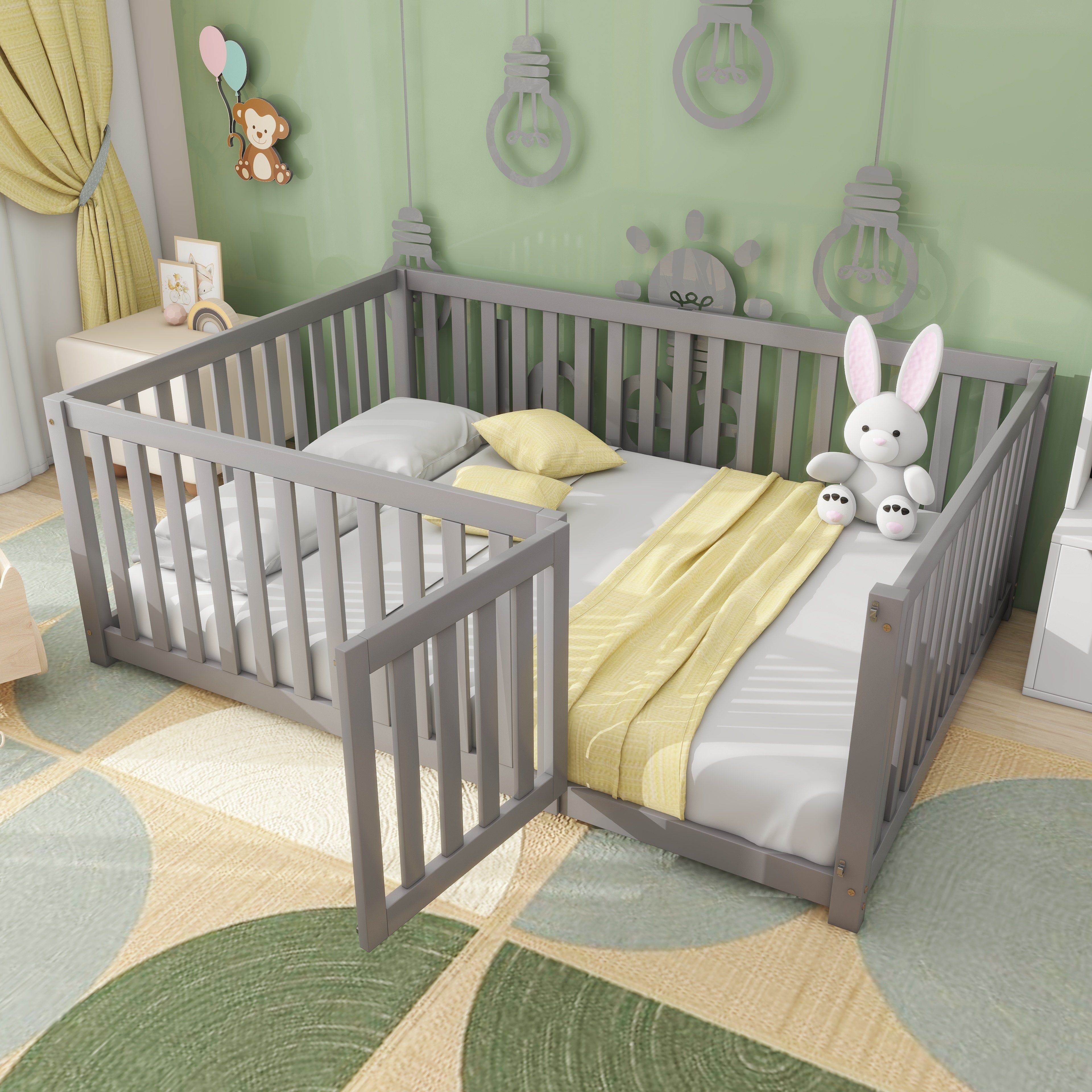 WISHDOR Kinderbett Jugendbett Massivholzbett Einzelbett (140X200cm ohne Matratze), mit Zaun und Tür, Robuster, langlebiger und sicherer Bettrahmen