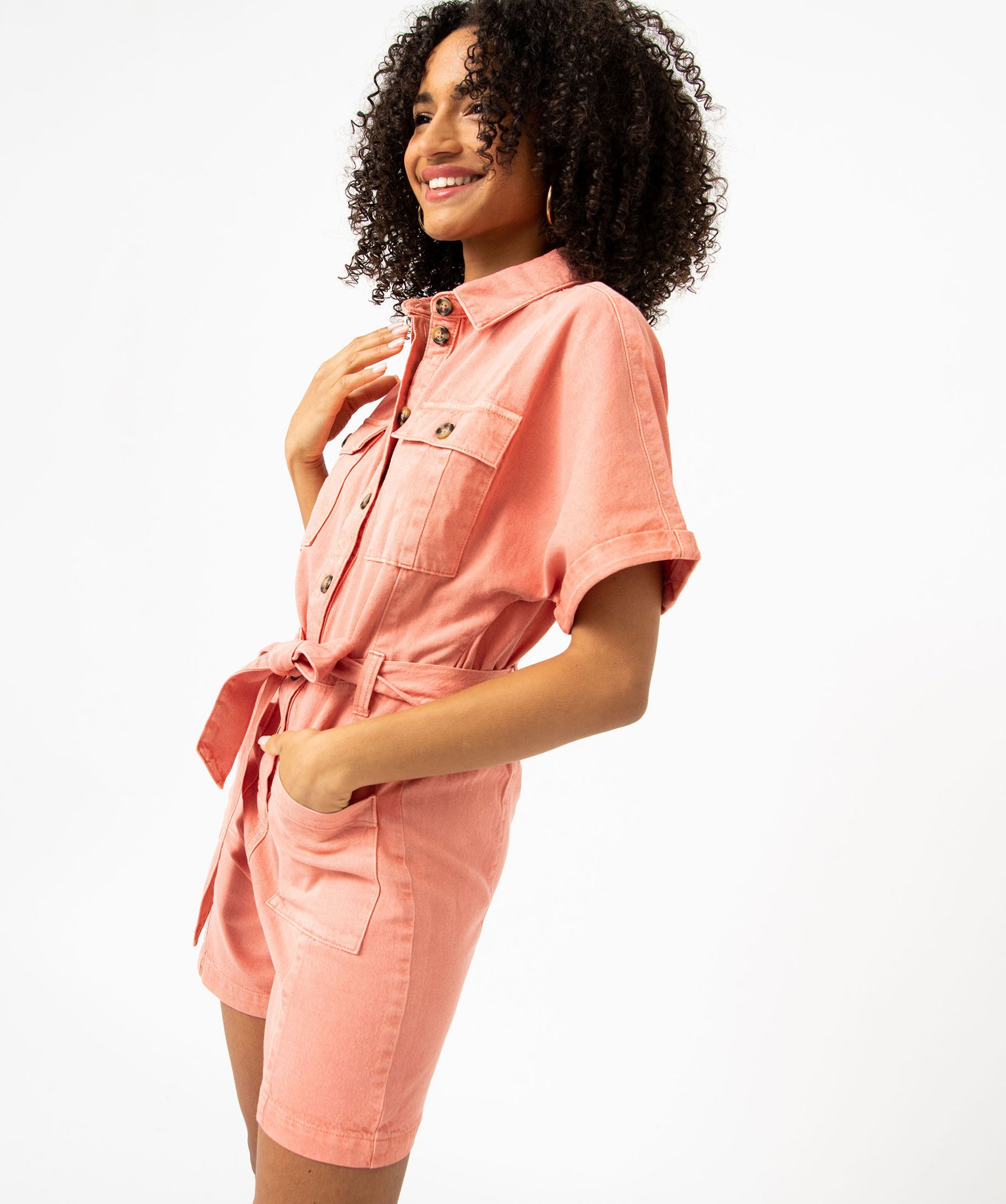 Combishort en toile denim à manches courtes femme orange | GEMO