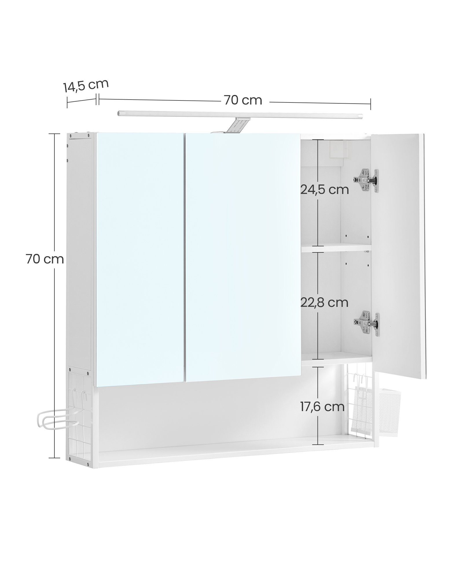 VASAGLE Spiegelschrank Badezimmerschrank mit Beleuchtung, Kabel