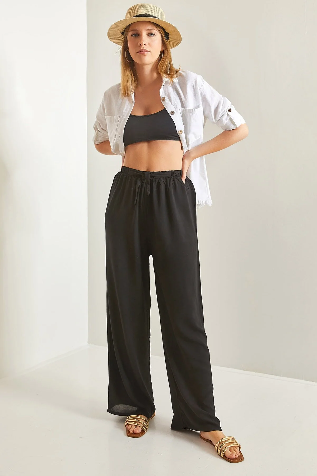 Bianco Lucci  Damen-Hose aus Viskose mit weitem Bein und Taillengürtel, Schwarz 10061050