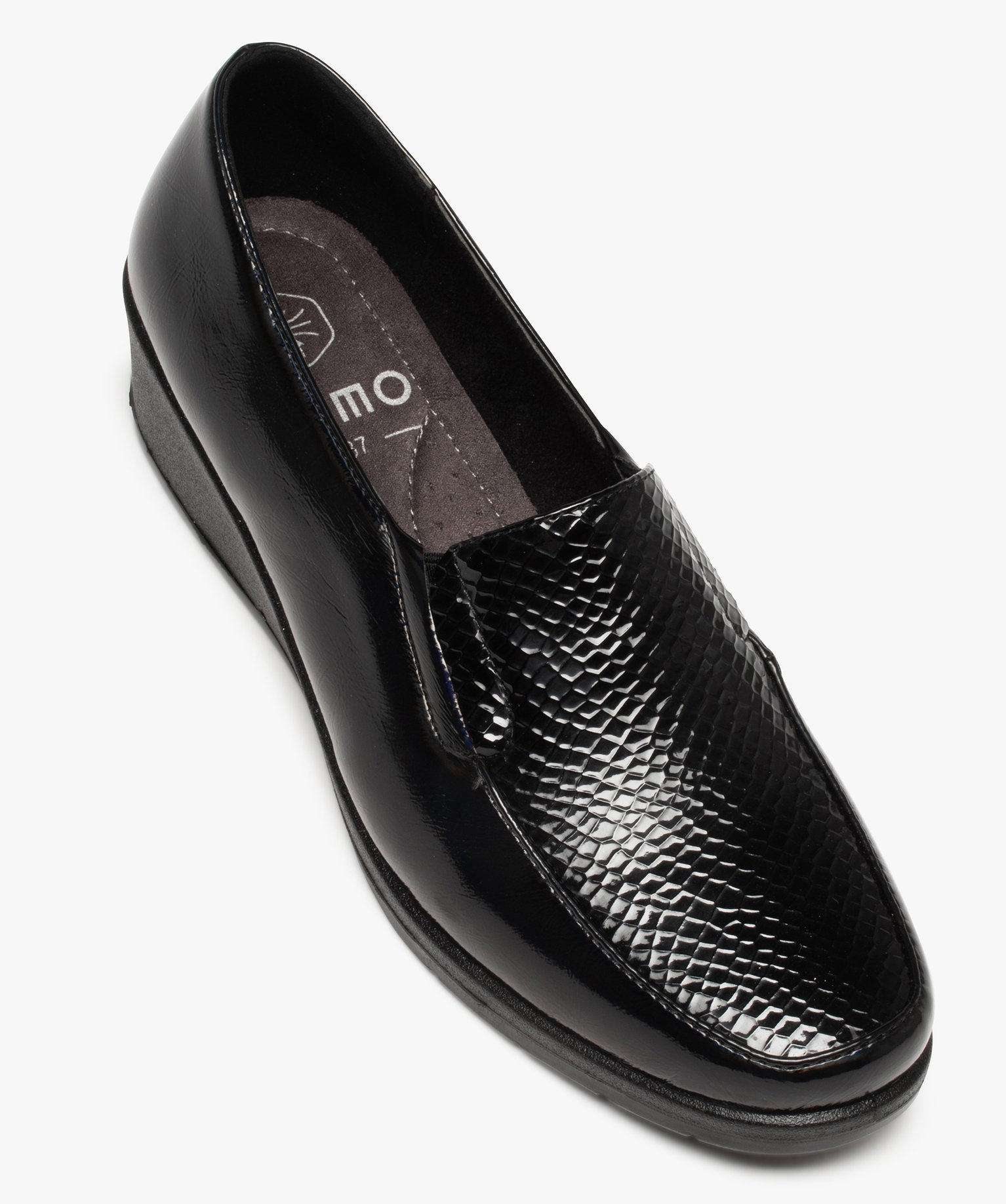 Mocassins femme confort et dessus vernis uni à talon compensé noir | GEMO