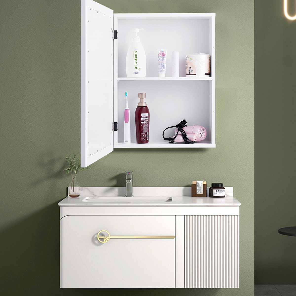 COSTWAY Badezimmerspiegelschrank mit Spiegel&Einzeltür, 50x16x66cm