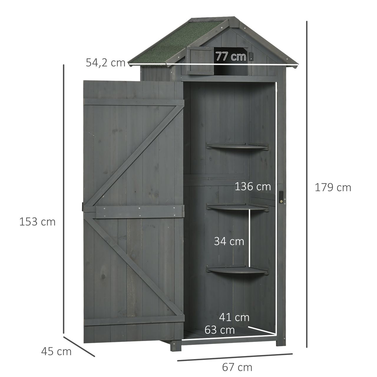 Outsunny Gartenschrank Geräteschuppen mit Fachböden Asphaltdach Holz Grau