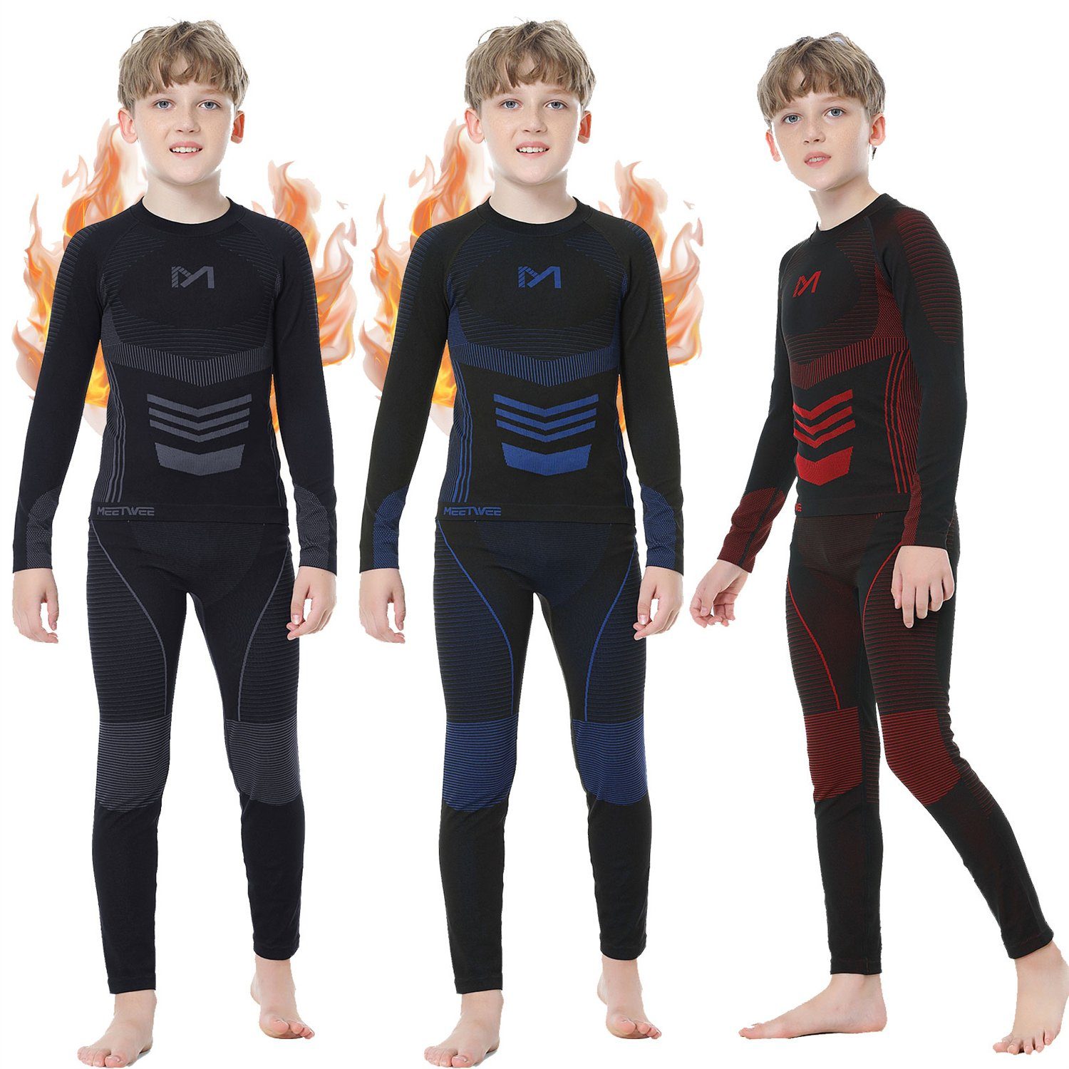 MEETYOO Thermounterhemd Kinder Thermo Unterwäsche Set (Sport Funktionswäsche Unterhemd + Unterhose, Fleece Skiunterwäsche) Wandern, Snowboarden, Radfahren, Laufen und Skifahren